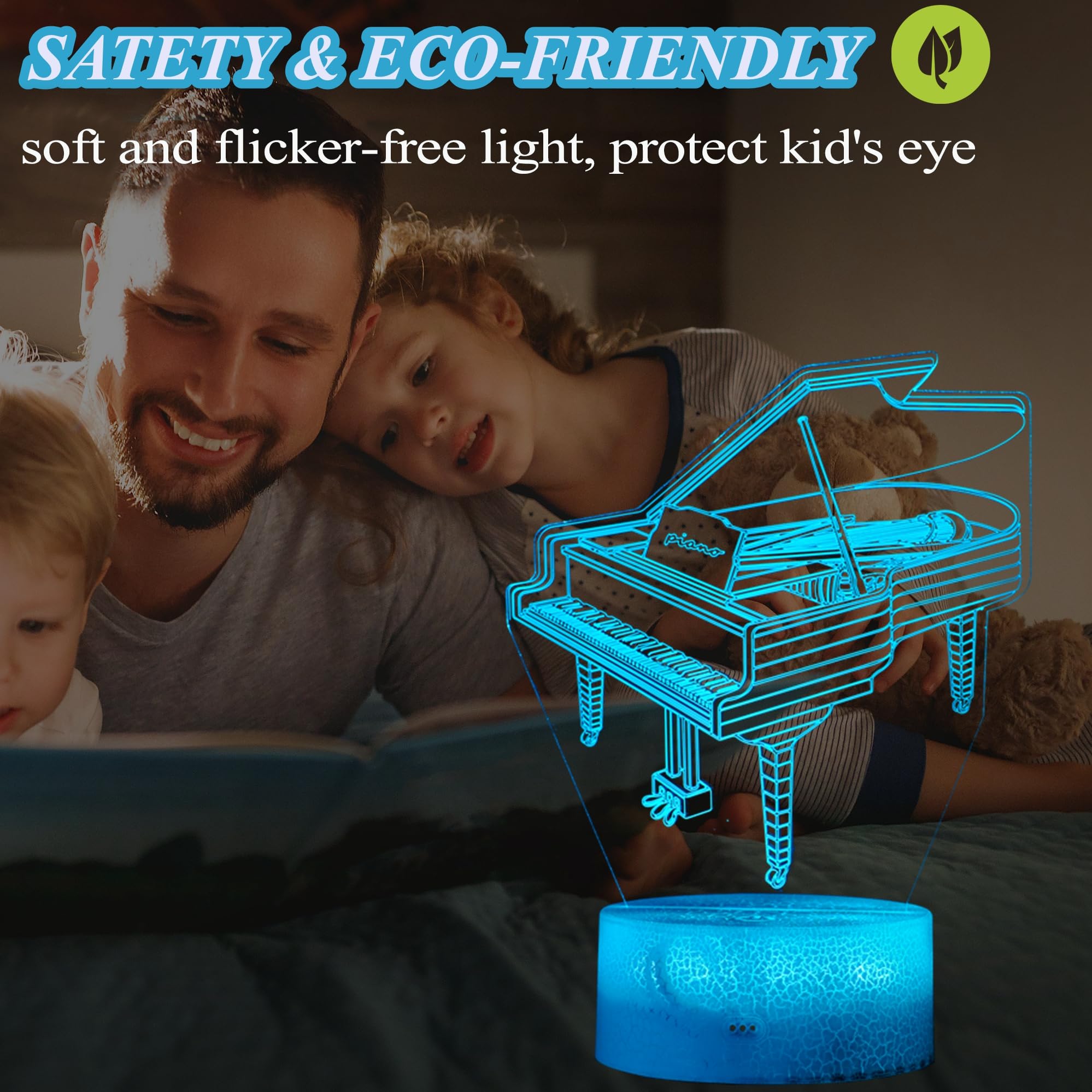 Posshe Piano Night Light, Instrument Gifts, Piano 3D Illusion Lamp With 16 Colors Changing, Remote Control And Dimmable, Kids Bo