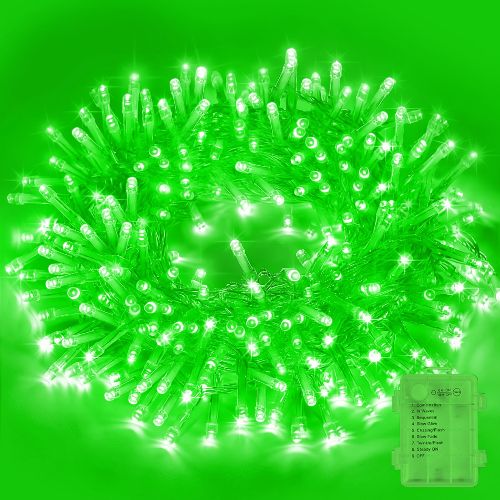 LAMPHOME Green Battery Operated Christmas Lights, 34.1FT 100 LED St. Patricks Day String Christmas Tree Lights with 8 Modes, Xm