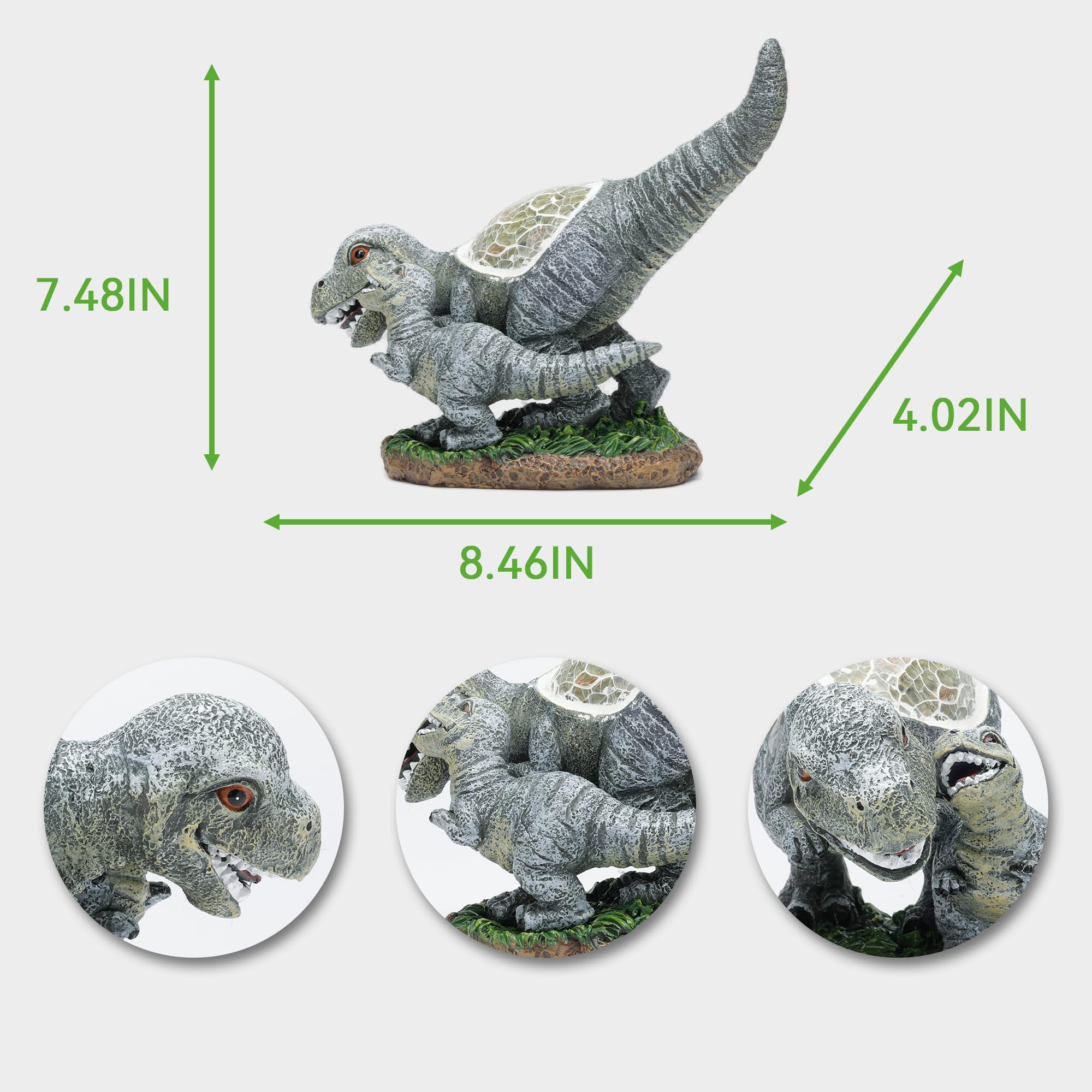 Rezpuao Garden Statue Dinosaur, Solar Light Outdoor Decor, Resin Figurine, Gray, Model CA81401