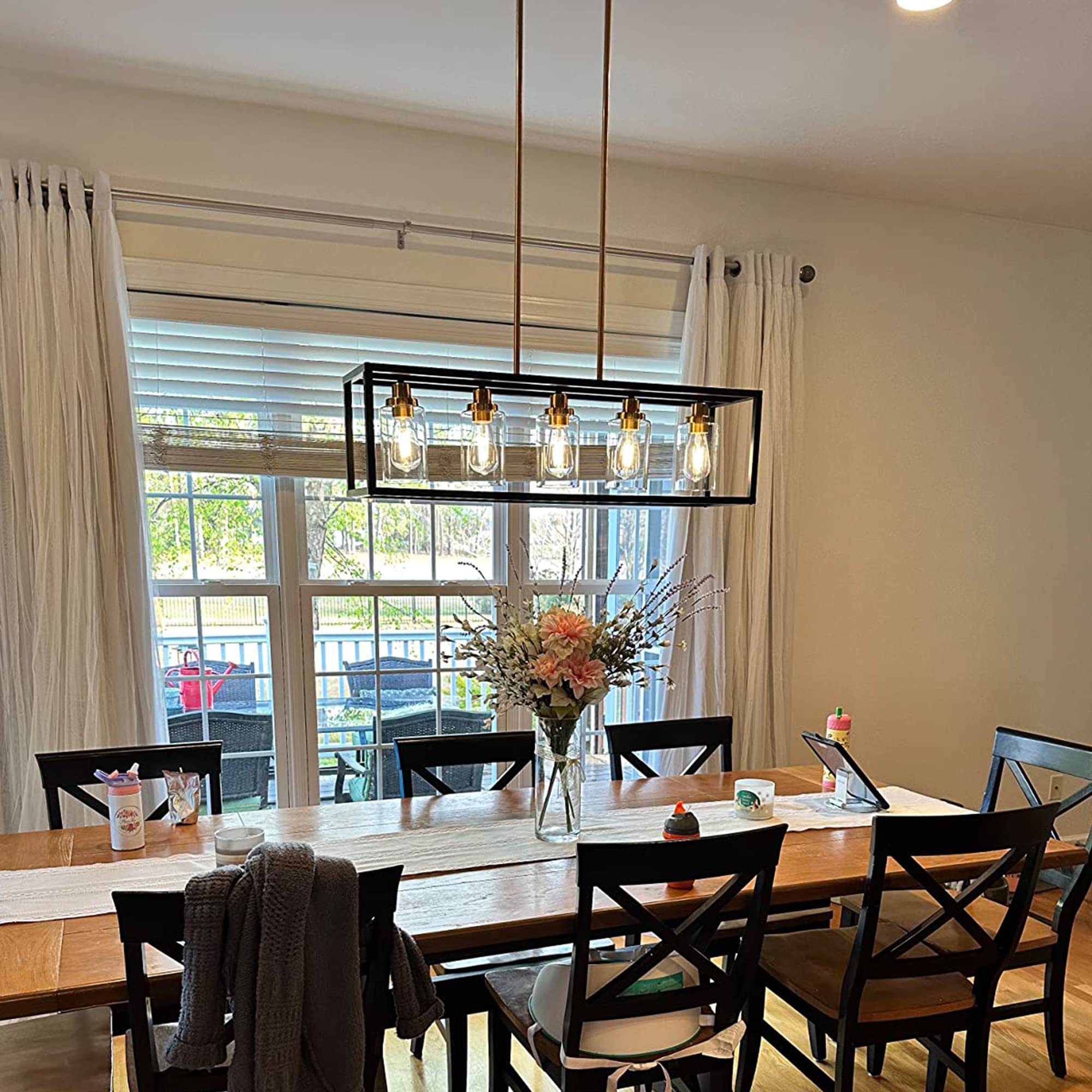 MELUCEE Black Rectangle Chandelier - 5 Light Linear Pendant Fixture, 36.2" Metal with Clear Glass Shade and Brushed Brass Socket