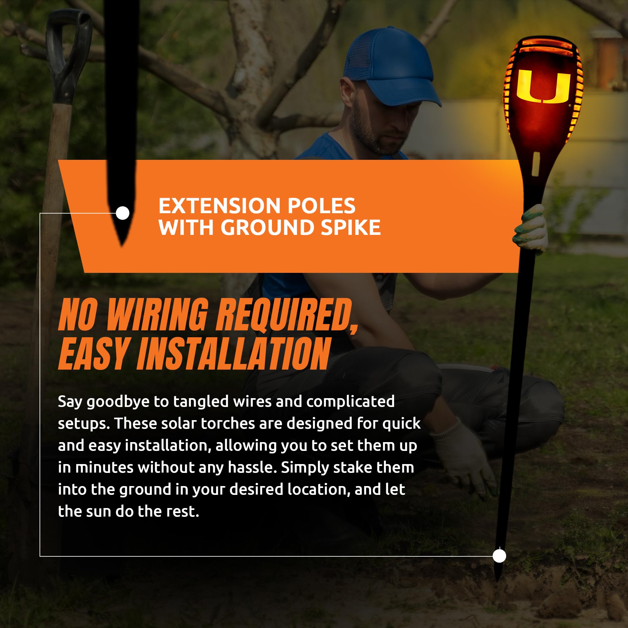 Sporticulture Miami Hurricanes Solar Torch - 36&quot; Waterproof Flickering Flame Light For Outdoors