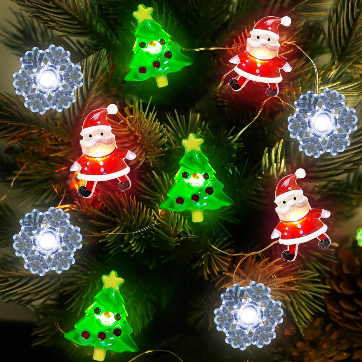 10 FT 30 LED Christmas Lights Battery Operated Christmas Tree Santa Snowflake String Lights, Indoor Christmas Lights for Christm