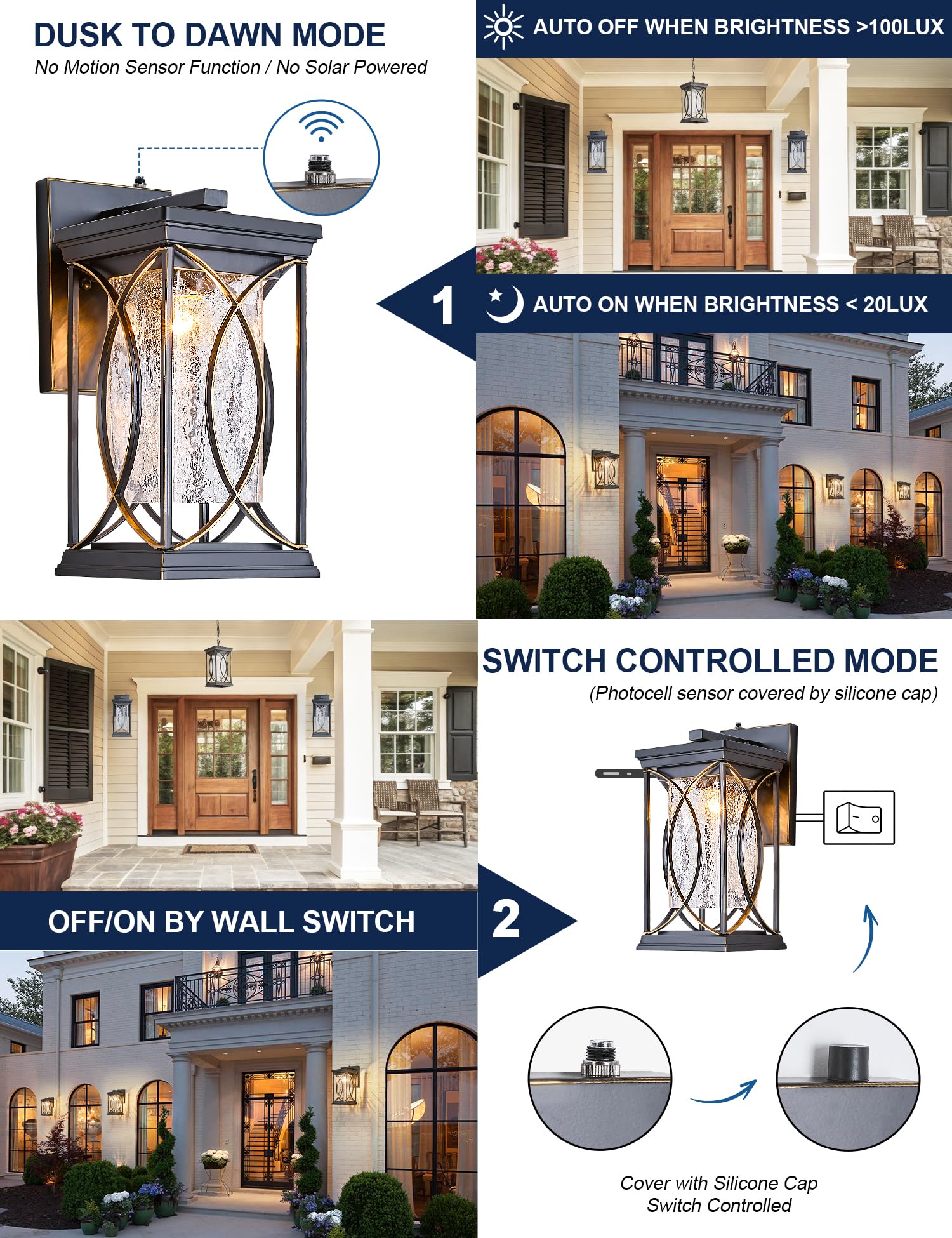 Delicavy Dusk to Dawn Outdoor Wall Light - Waterproof Aluminum Sconce, Black with Gold Trim, Large, Model L-920
