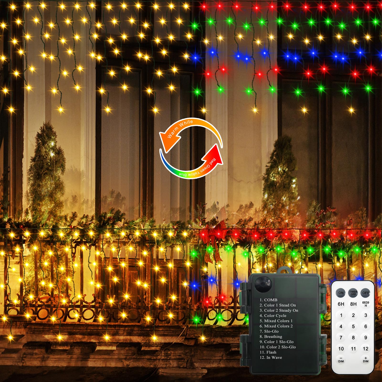 echosari Outdoor Christmas Icicle Lights 10Ft Battery Color Changing Fairy Icicle Lights 102LED with 18 Drops Timer Waterproof D