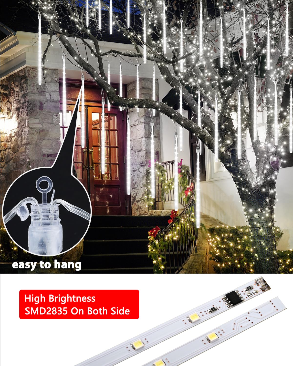 Flacchi Solar Meteor Shower Icicle Lights - 20 Tubes 480 LED, Waterproof Christmas Decorations, Cool White, Model YZ69SS002