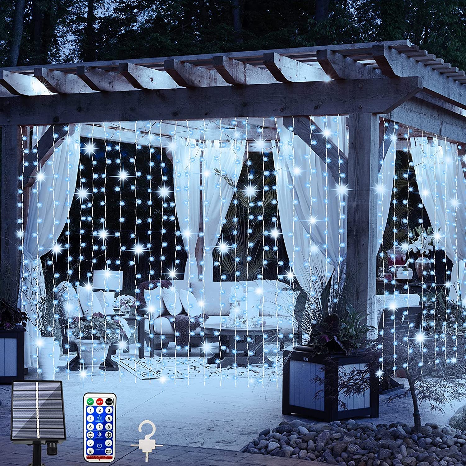 LiyuanQ Solar Curtain Lights, 300 LED, Waterproof, 8 Modes, Remote Control, Cool White, Model LiyuanQ-UPG-300
