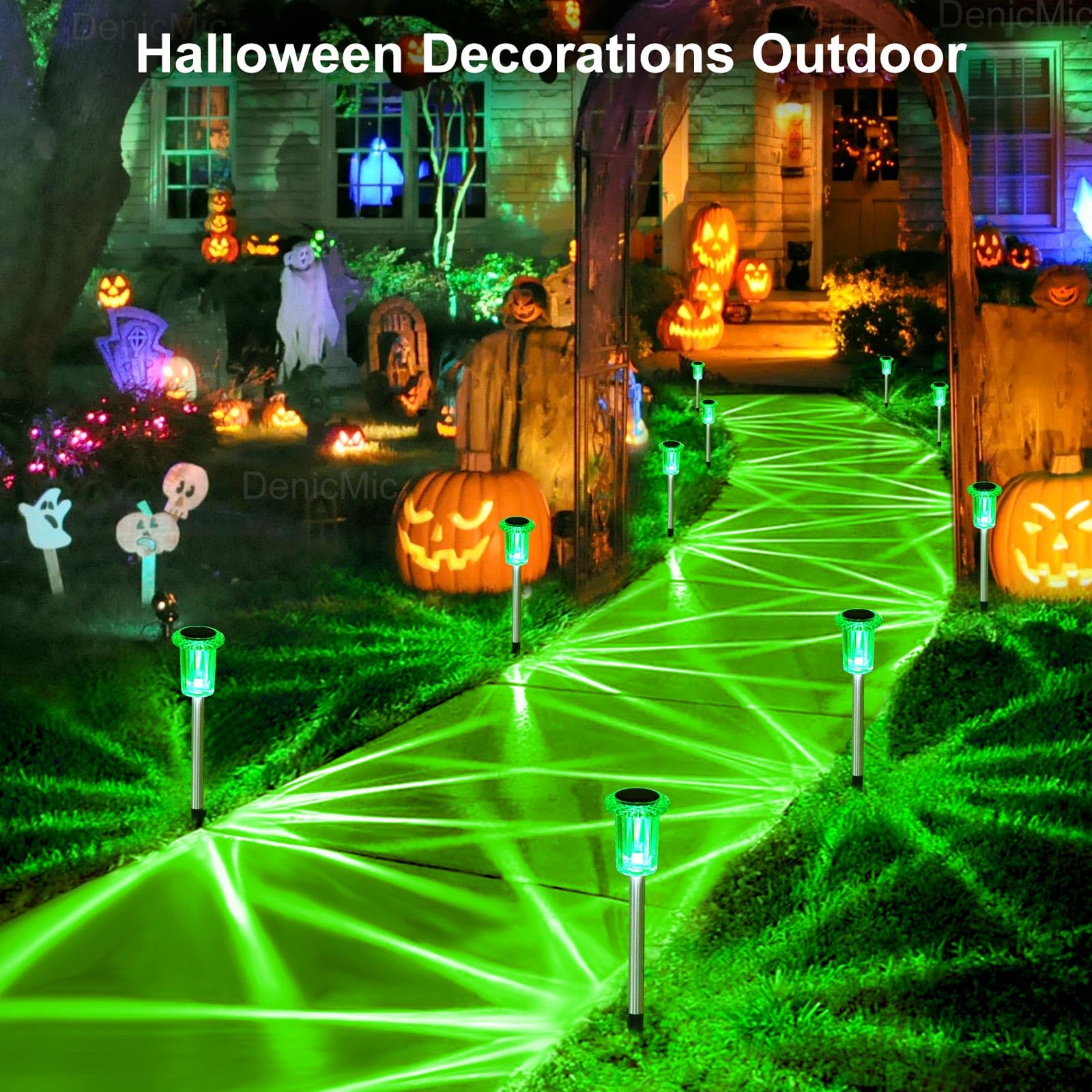 DenicMic Solar Pathway Lights, LED Waterproof Acrylic, Stainless Steel Stake, Green 10Pack, Model CL-XDC