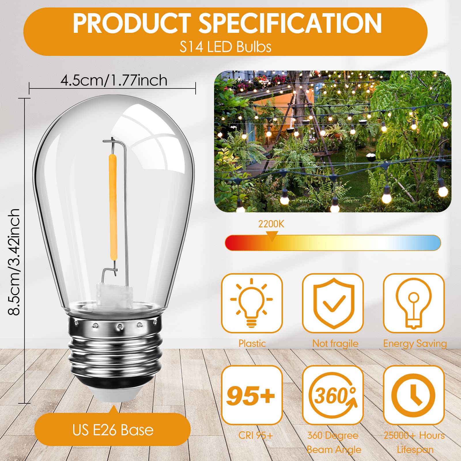 Mudder 60 Pack LED Replacement Light Bulbs S14 Waterproof Shatterproof E26 110V Warm White