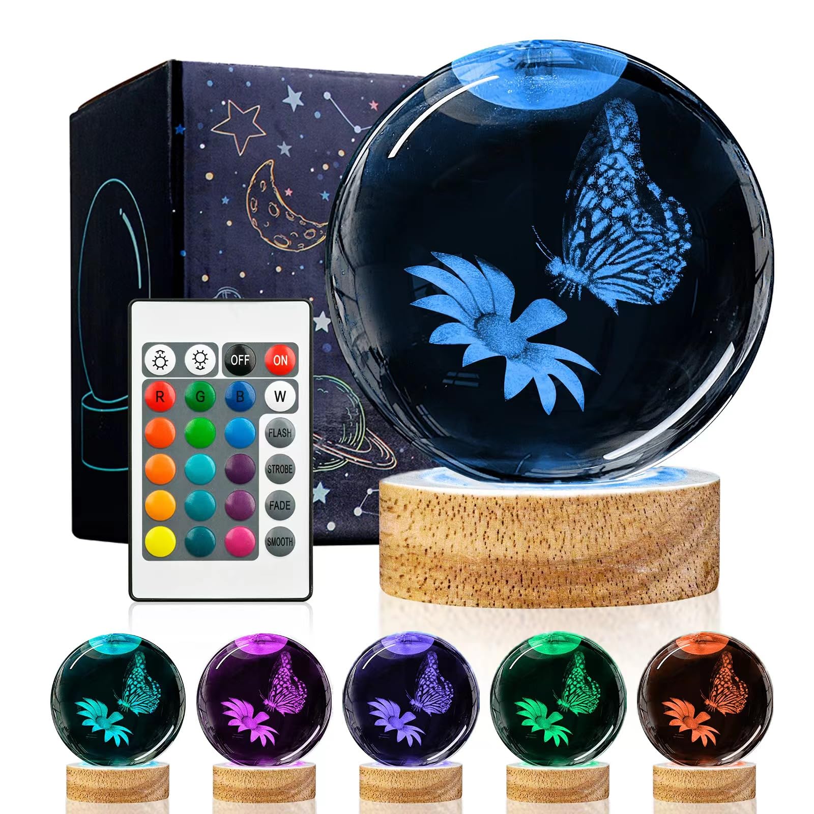 Huntalg 3D Butterfly Crystal Ball Night Light Upgraded 3.15 in Butterfly and Flower Figurines Glass Ball Lamps with 16 Color for