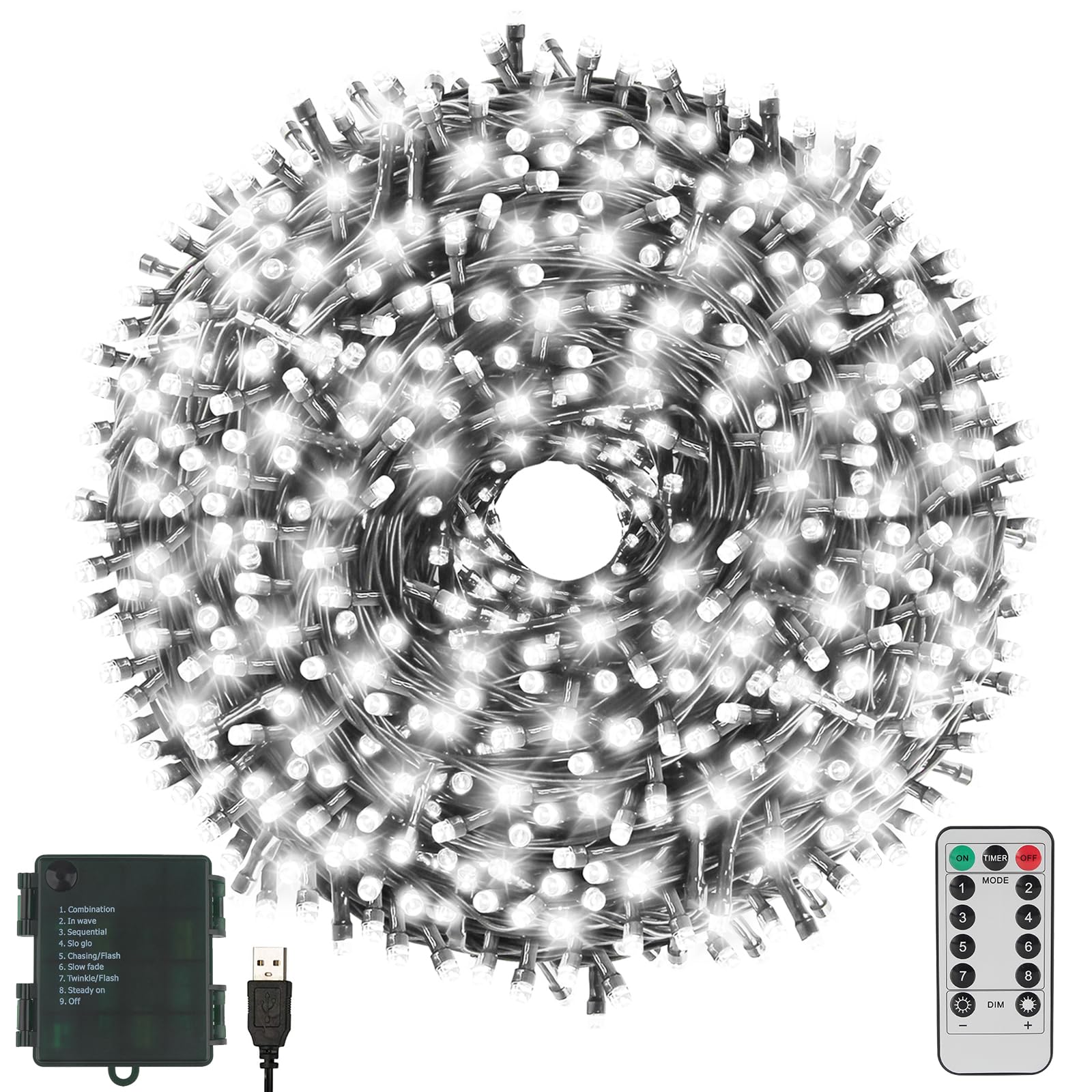 Christmas Lights 66FT 200 LED String Lights Timer Memory Function USB and Batter y Powered Waterproof Christmas String Light, Ea
