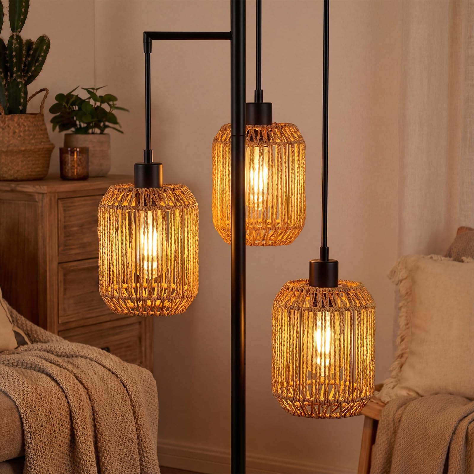Glooglitter 3 Pack Rattan Lamp Shades, Boho Macrame Handwoven Rope Covers for Pendant Lights Floor Table Lamp Small Cylinder Wov