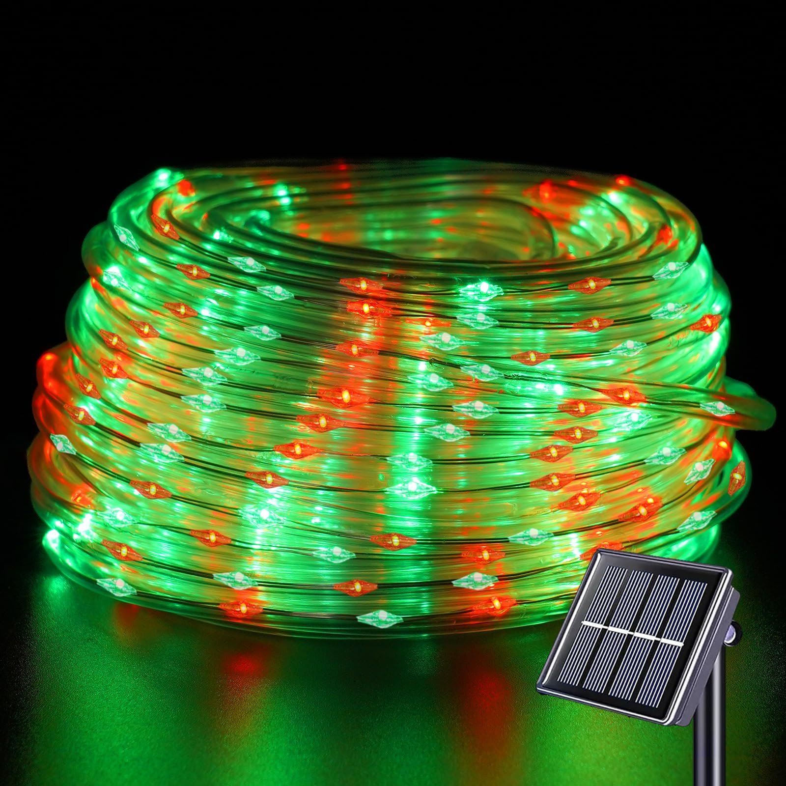 YEGUO Solar Rope Lights 66ft 200 LED Waterproof String Lights, Red and Green, 8 Modes for Outdoor Patio Garden Decor