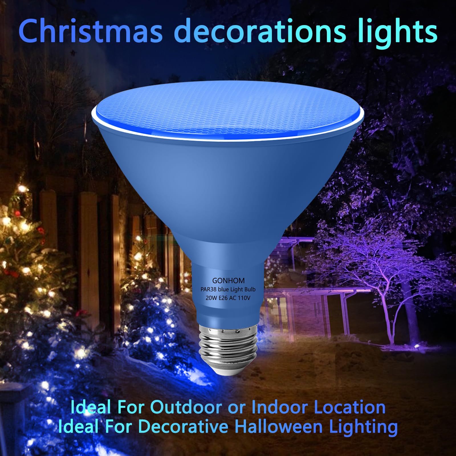 Gonhom PAR38 Dimmable LED Flood Light Bulbs, 20W (200W Equivalent), 4 Pack, Blue, E26 Base for Outdoor & Holiday Lighting