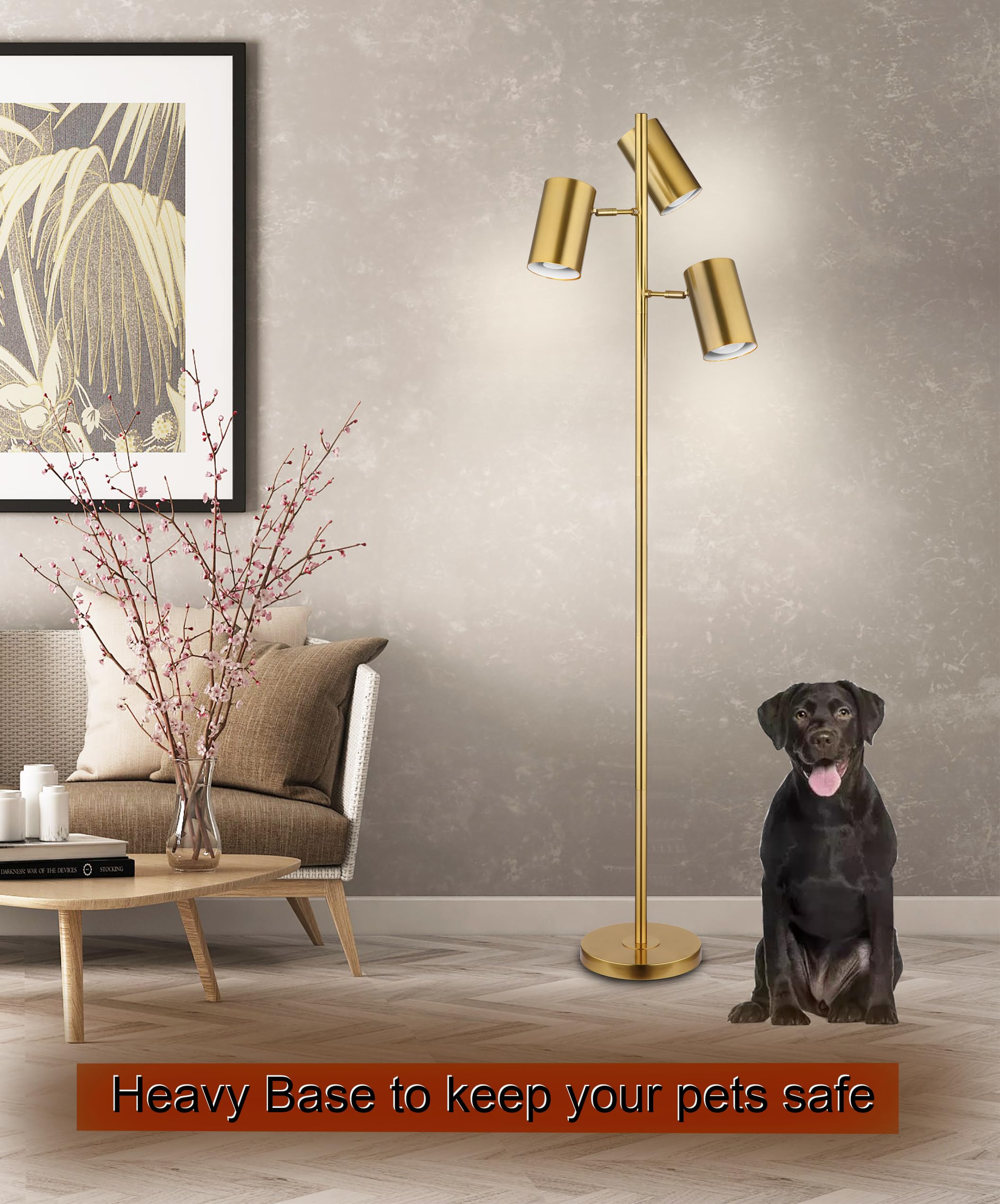 Tree Floor Lamp With 3 Light Bulbs,Gold Standing Tall Pole Lamp With 3 Adjustable Rotating Lights,Farmhouse Floor Lamp For Living Room Bedroom Office,Vintage Standing Lamp 9W E26 Led Bulbs Included