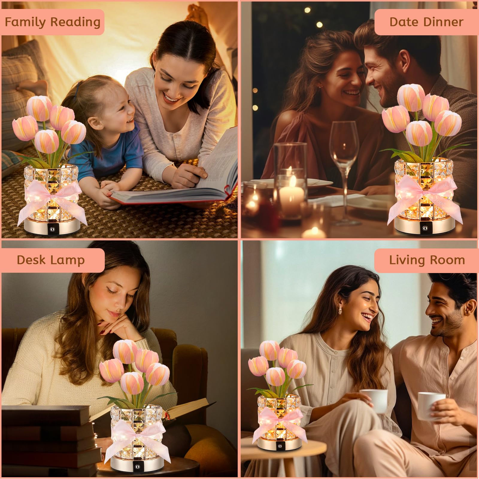 Tulip Flower Lamps, Rechargeable Cordless Small Desk Lamp, 3 Colors Dimmable Artificial Flowers Night Light, Fake Bouquet 5 Tuli