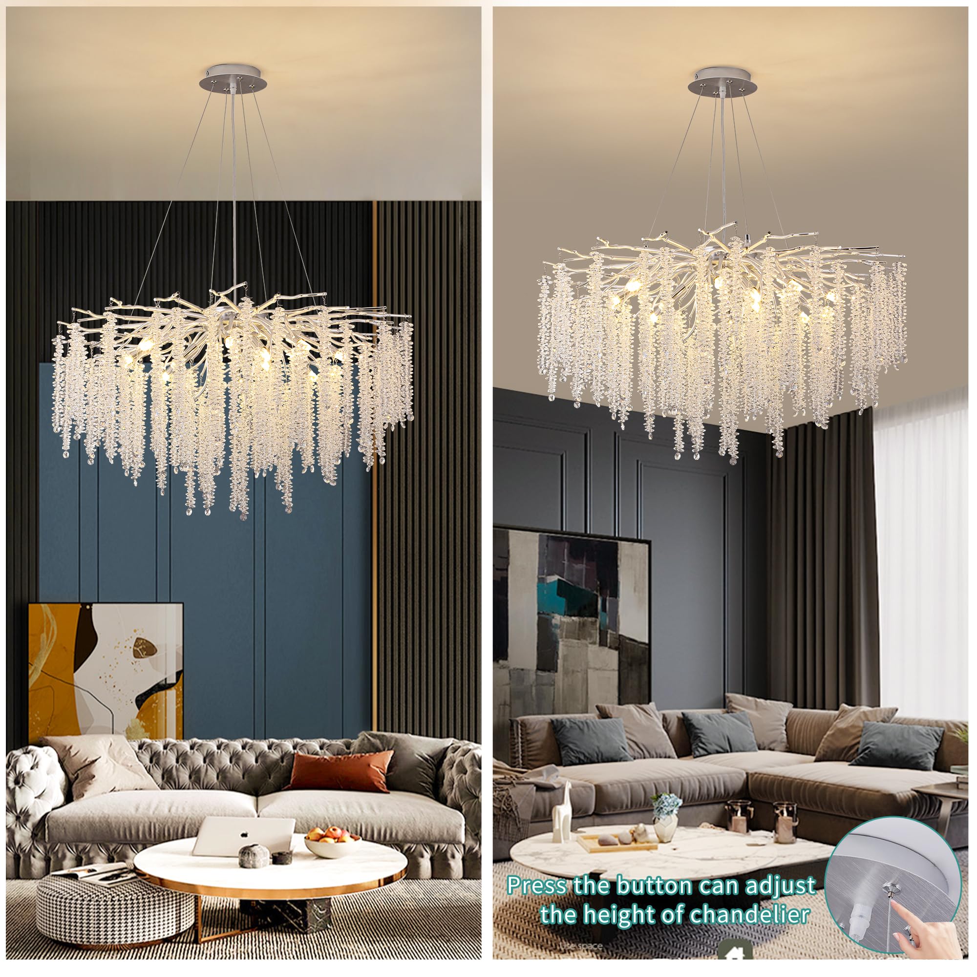 Upfelw Crystal Tree Branch Chandelier Silver D31.5, Modern Art Deco Large Raindrop Branch Chandelier Lighting Fixture For Living