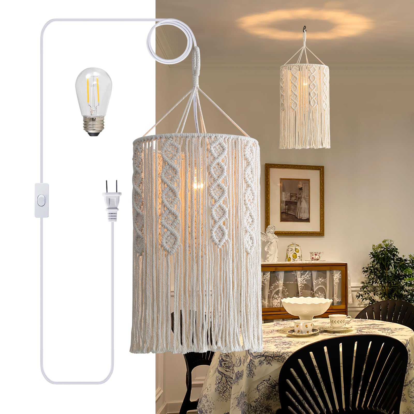 Bioaqua Macrame Lamp Shade, Handmade Boho Pendant Light, Cotton, Type5 for Bedroom and Living Room Decor