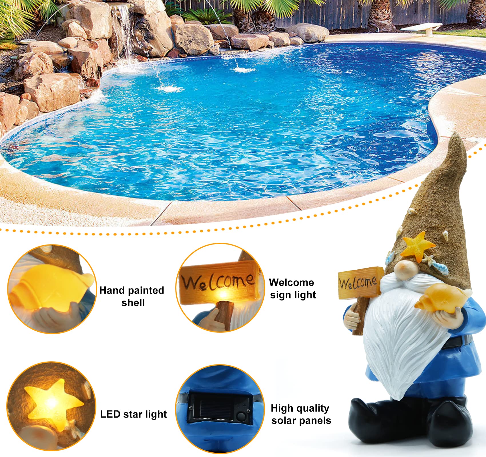 Gnome Statue For Garden Decor With Solar Lights, Outdoor Gnome With Welcome Sign & Conch Shell, Gnome Statue For Patio, Balcony, Lawn Ornament, Mother'S Day Gifts For Mom, Women, Men