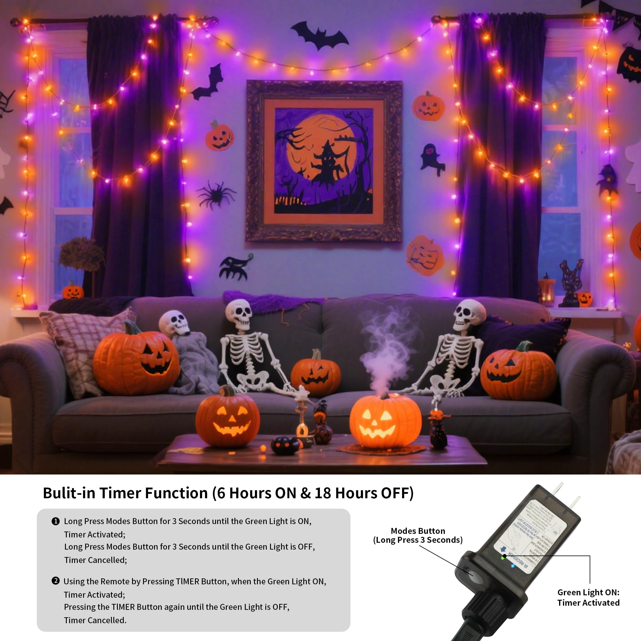 Tcamp 164FT 500 LED Orange Purple Halloween Lights, 8 Modes, Remote Timer, Green Wire, Model QL300AE