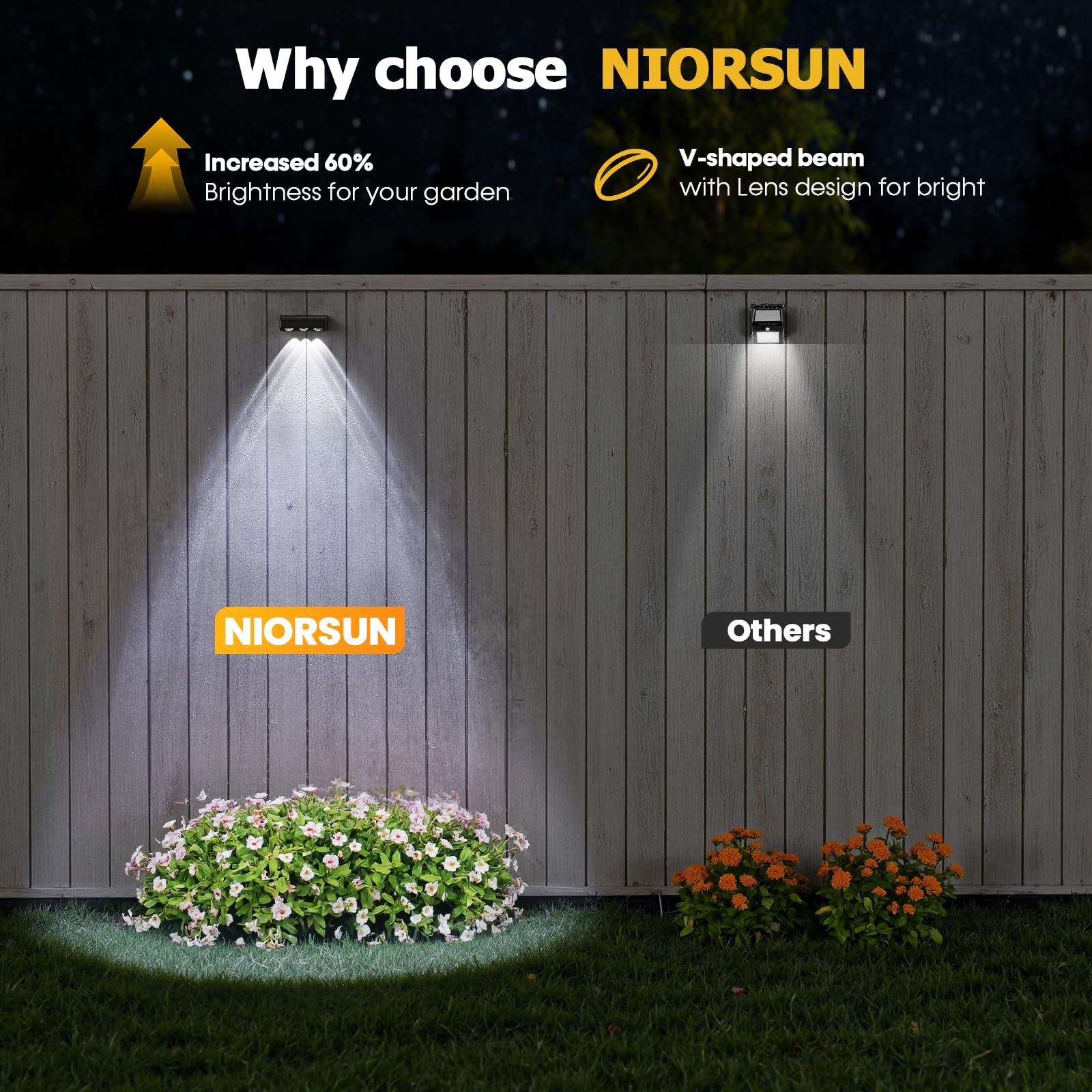 NIORSUN Solar Fence Lights, Waterproof LED Bulbs, RGB Color, 8 Pack, Black, Model 16399LGTF