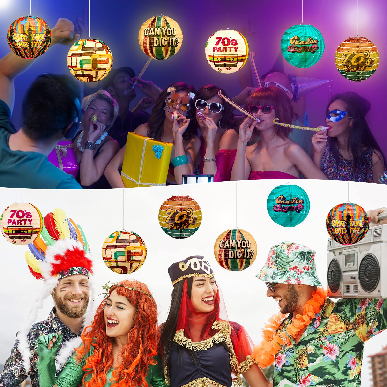 Frienda 6 Pieces Paper Lanterns Retro Style 70s Party Decorations Metal 70s Decades Birthday Supplies