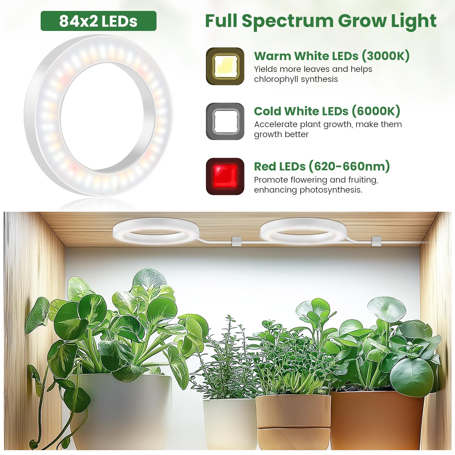Kullsinss 6.3'' Grow Lights For Indoor Plants, 168 Leds Full Spectrum Plant Grow Light With 6/12/16H Auto Timer, 3 Spectrum Mode
