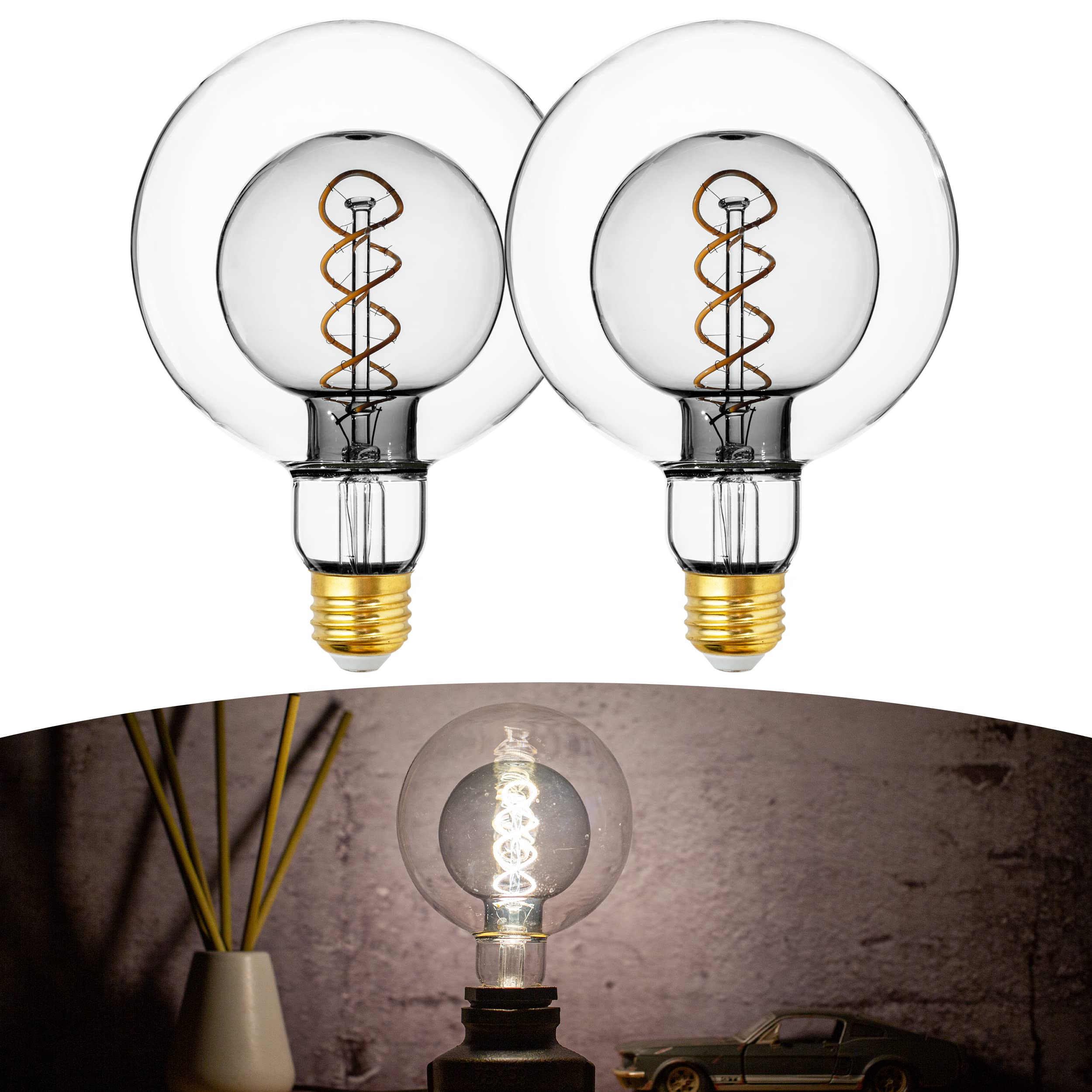 Flsnt Oversized Globe Led Edison Bulbs, 2700K Soft White, Dimmable, 7W(40W Equivalent), 300Lm, E26 Medium Base, Cri90, Smoke Gla