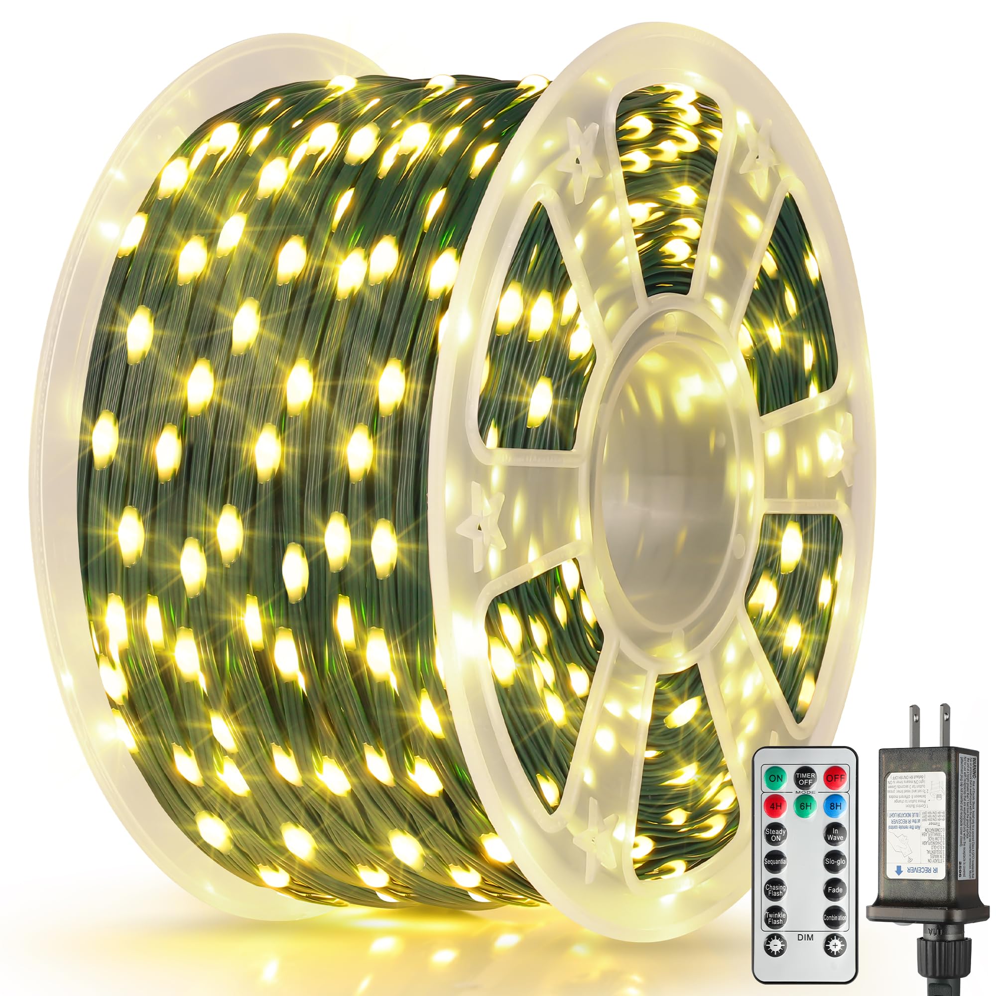 Larkvue 394Ft 1200 Leds String Lights With Remote  Waterproof Dimmable 8 Modes Christmas Tree Fairy Rope Light With Timer & Memory Function-Warm White