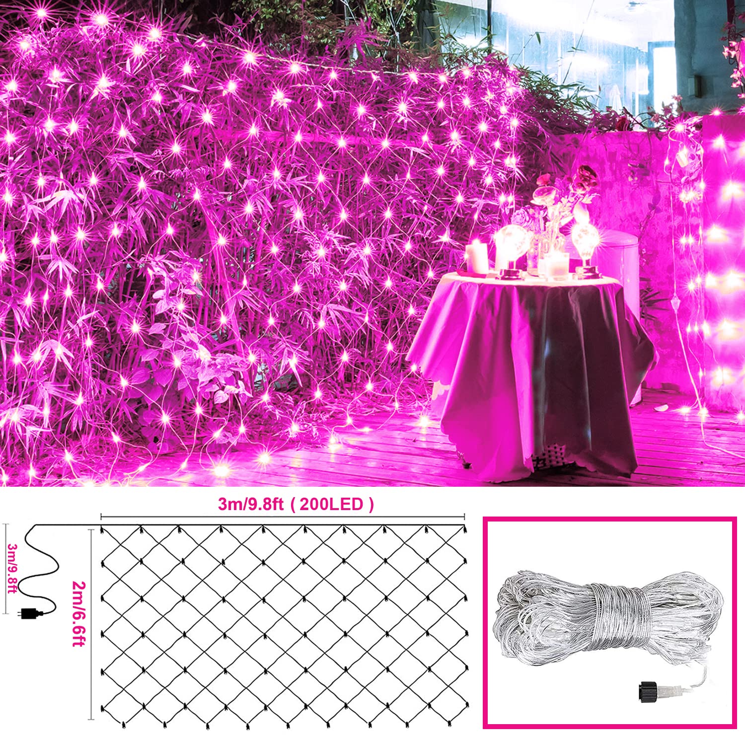 JMEXSUSS 200 LED Net Lights Outdoor, Waterproof Pink Mesh Lights, 8 Modes, 9.8ft x 6.6ft, Model EXS-N-0200