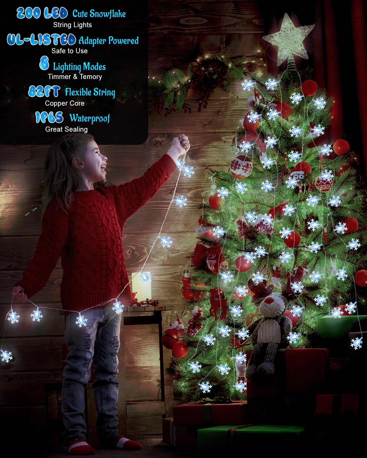 Christmas Snowflake String Lights Outdoor, 200 Led 82Ft Icicle Lights Waterproof With 8 Modes Timer Xmas Decorations, Plug In Fairy Lights For Curtain, Eaves, Window, Party, Tree, Garden, Yard- White