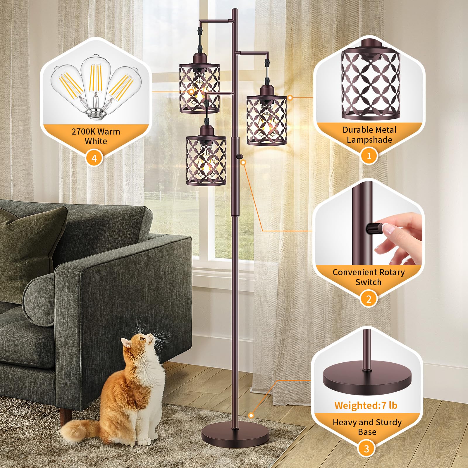 GHOOCEMLUX 68in Dimmable Floor Lamp, Brown Metal Cage, Industrial Style, Model GH-005