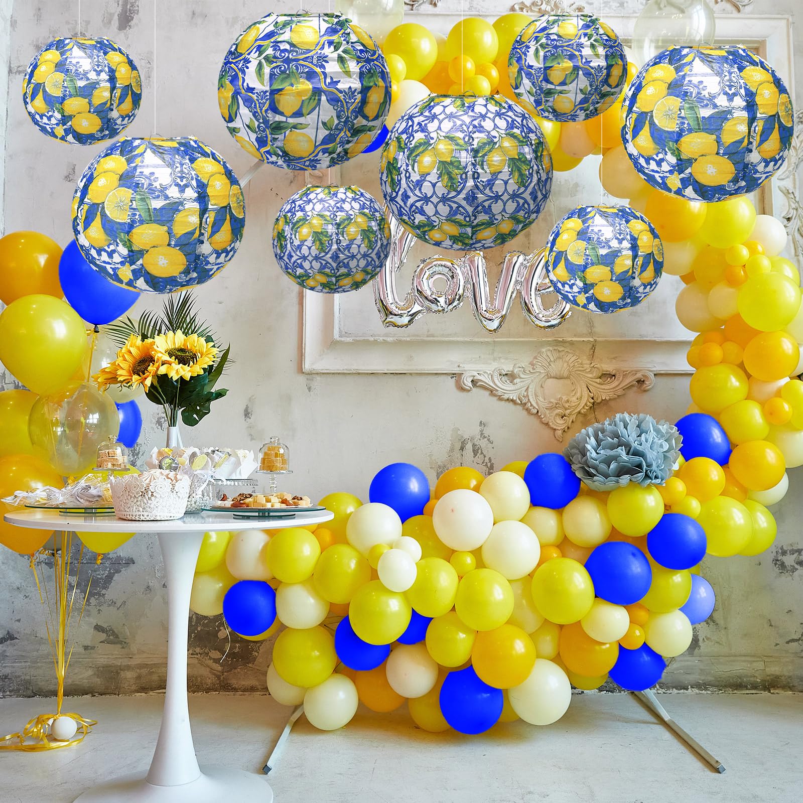 MotiMind Amalfi Coast Paper Lantern Kit - 10 Pcs Lemon Yellow, Blue & Ivory Cream Decorations for Wedding, Baby Shower, Birthday Parties