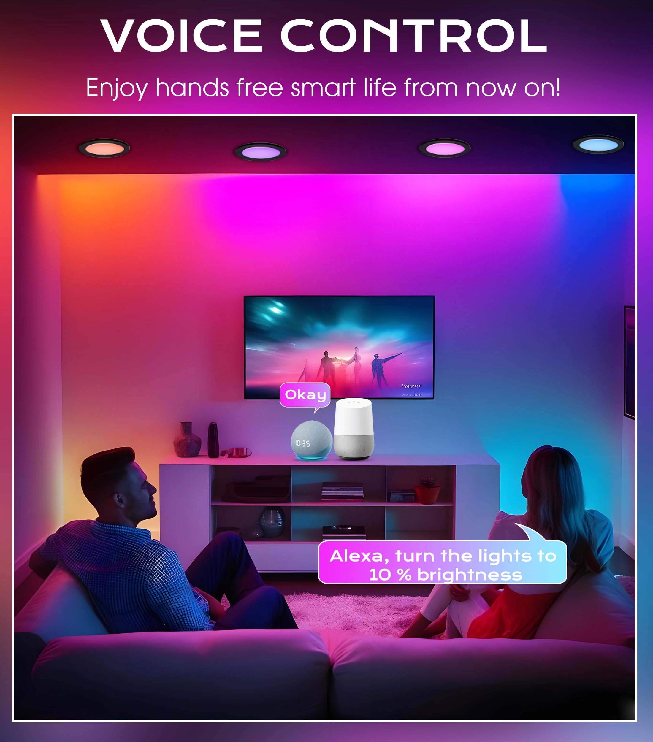 CLOUDY BAY 4 Pack 4" Smart WiFi LED Recessed Lights, RGBCW Color Changing, Compatible with Alexa & Google Home, Black