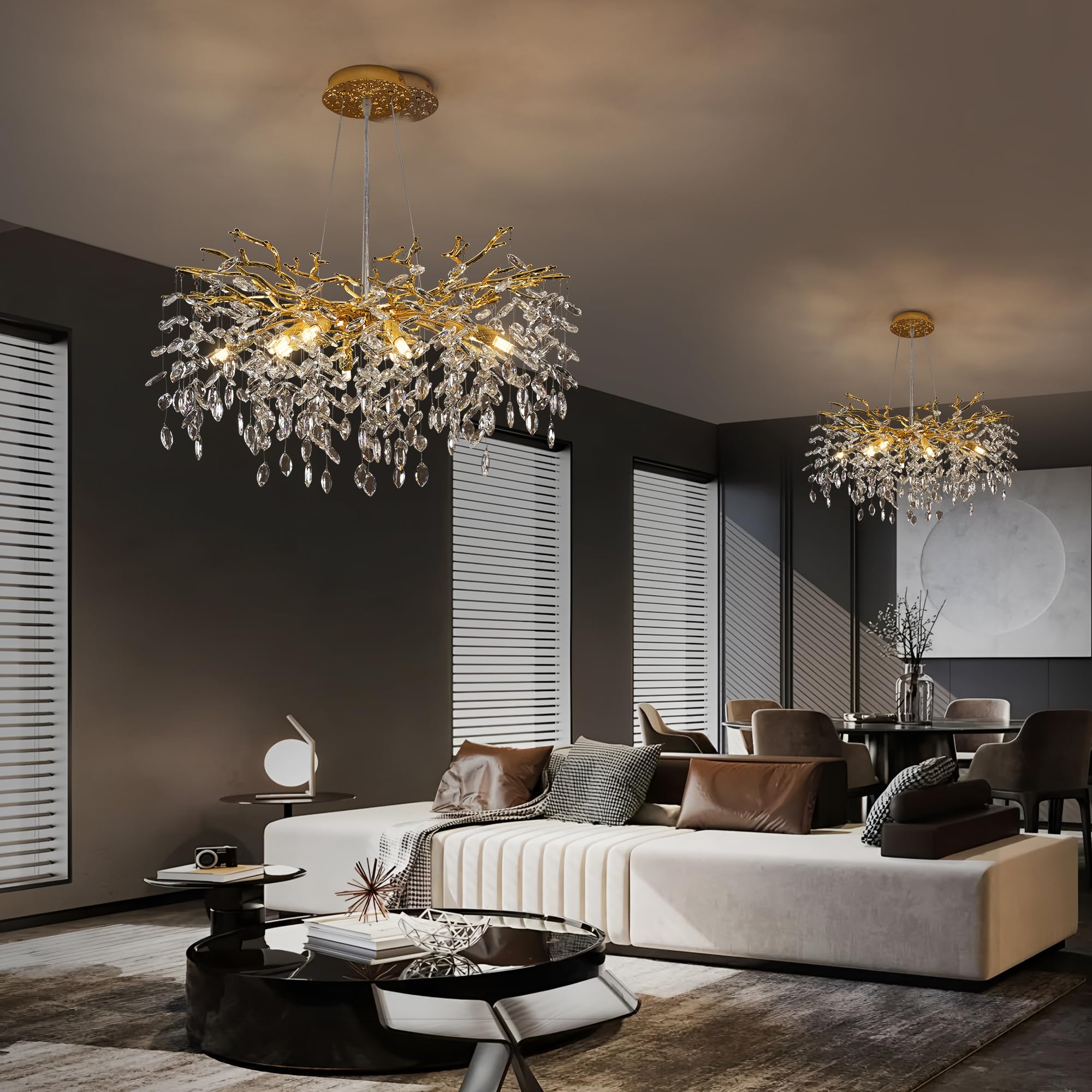 Puvaue Crystal Tree Branches Chandeliers Luxury Round Gold Hanging Pendant Light 10 Lights For Dining Room Bedroom Living Room E