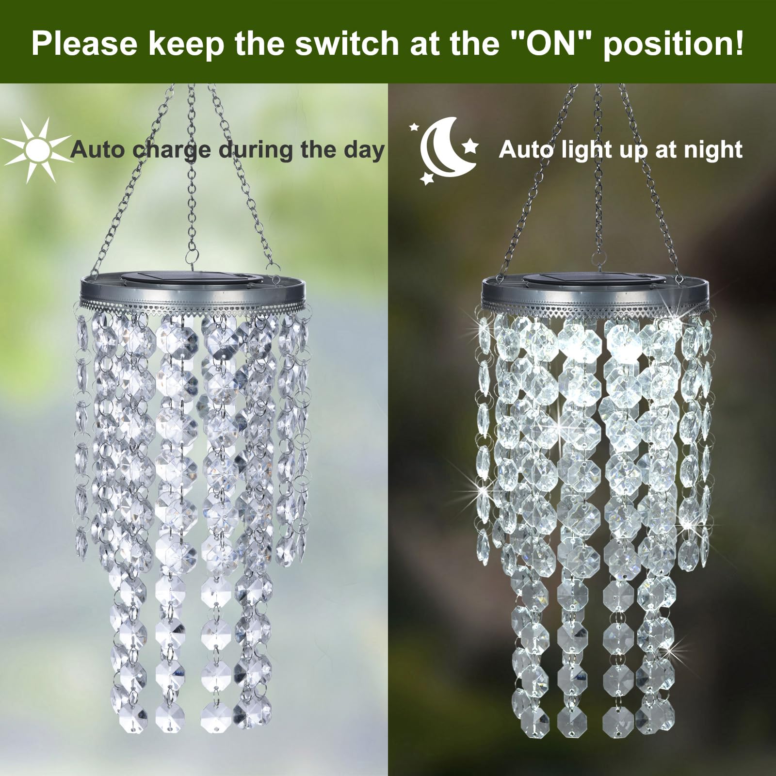 Hanging Solar Crystal Chandelier Outdoor, 21    Modern Solar Transparent Acrylic Beaded Lantern With Cool White Led S Hooks For