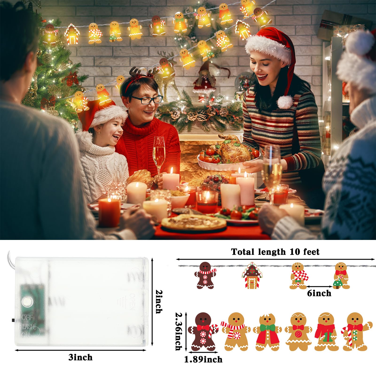 Ganeen Christmas String Lights 20 Led 10 Ft Cute Hanging String Lights For Christmas Tree Battery Operated Indoor Holiday Lights For Xmas Party Decorations Outdoor Mantel Fireplace(Gingerbread)