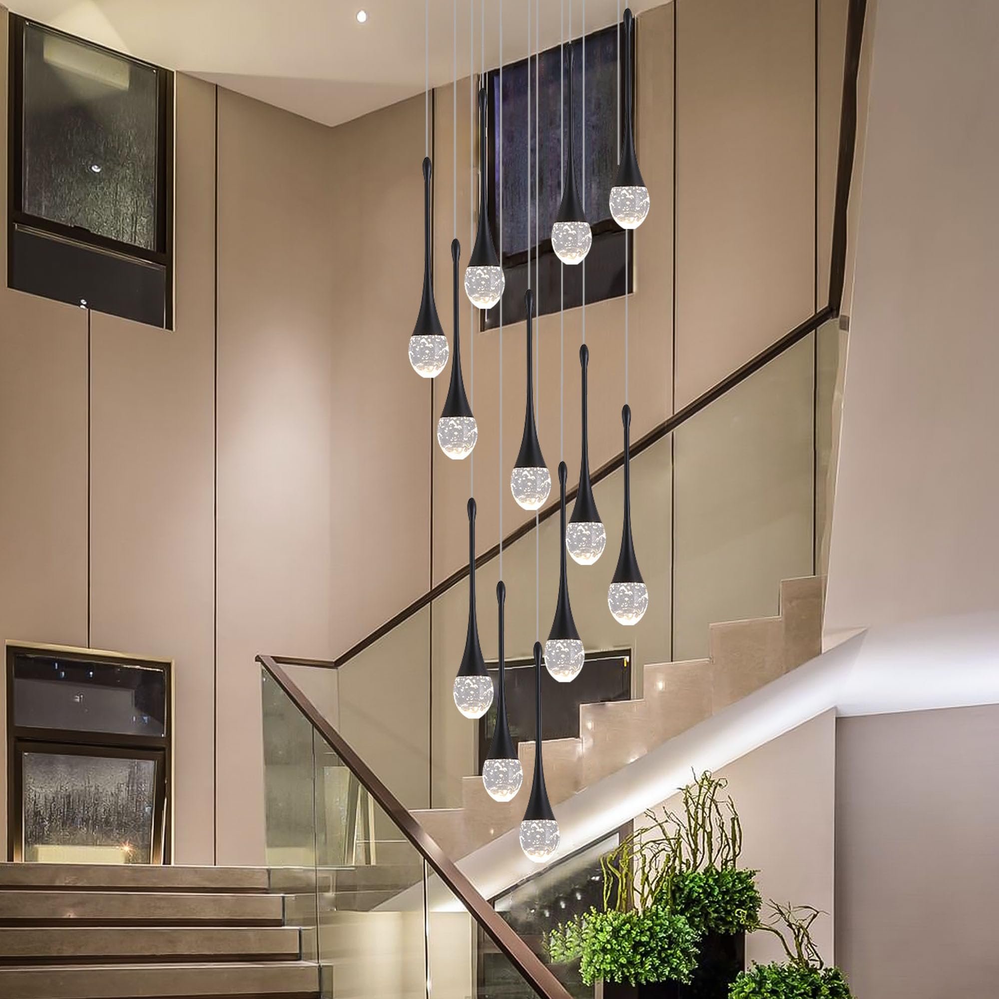 Upfelw Modern Crystal Chandelier, 10-Lights, Black, Dimmable LED, H98.5'' High Ceiling, Model UCC-B10-0436, for Foyer &