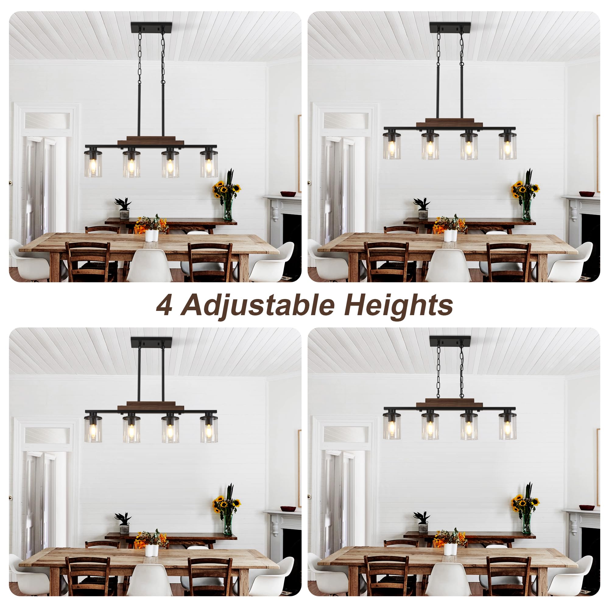 Pendant Lights Kitchen Island, 4-Light Farmhouse Chandeliers For Dining Room, Black Linear Chandelier With Clear Glass Shades, M