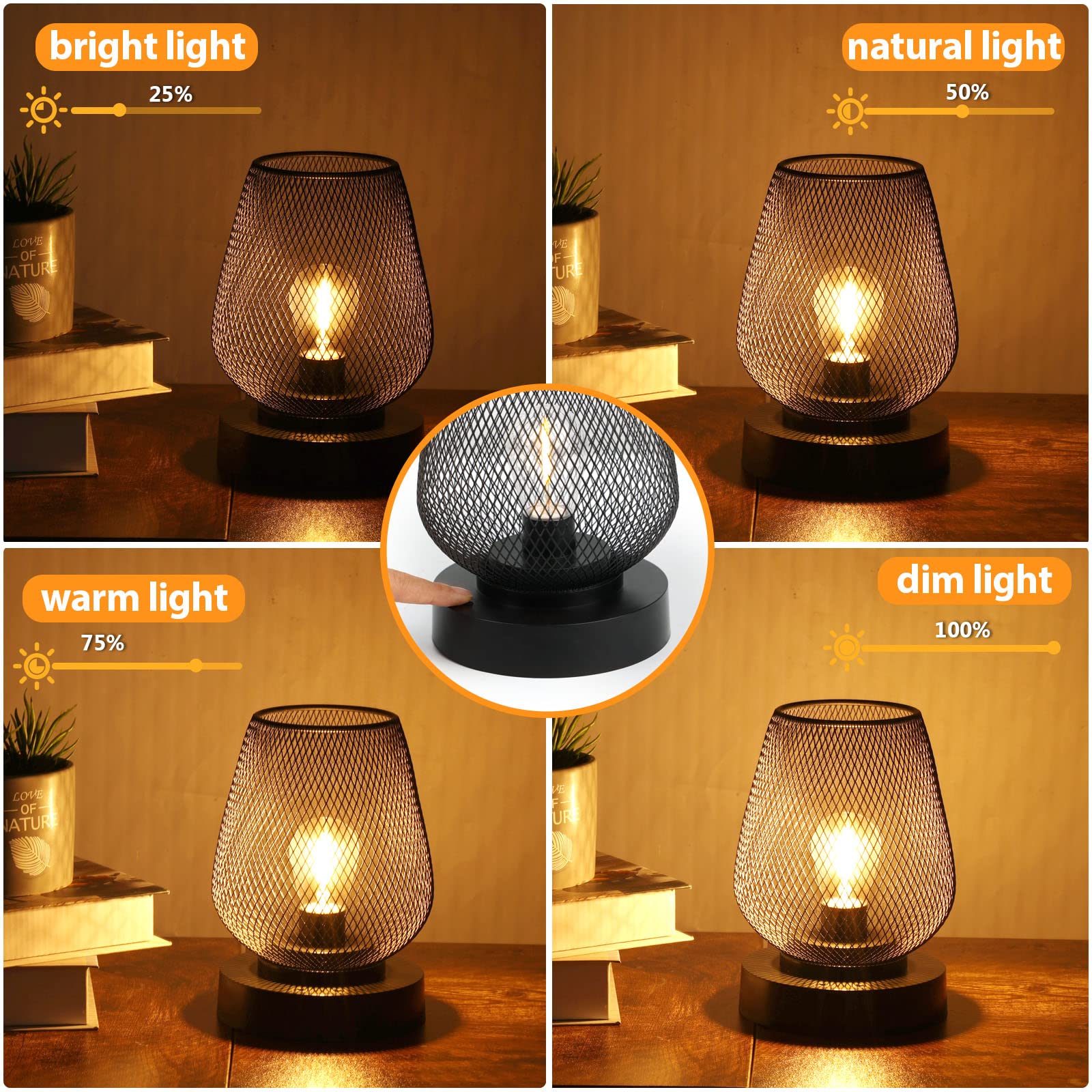 UBright 2 Pack Black Battery Operated Metal Outdoor Table Lamp with 4 Lighting Modes, Rechargeable Cordless Lantern for Indoor/Outdoor Use