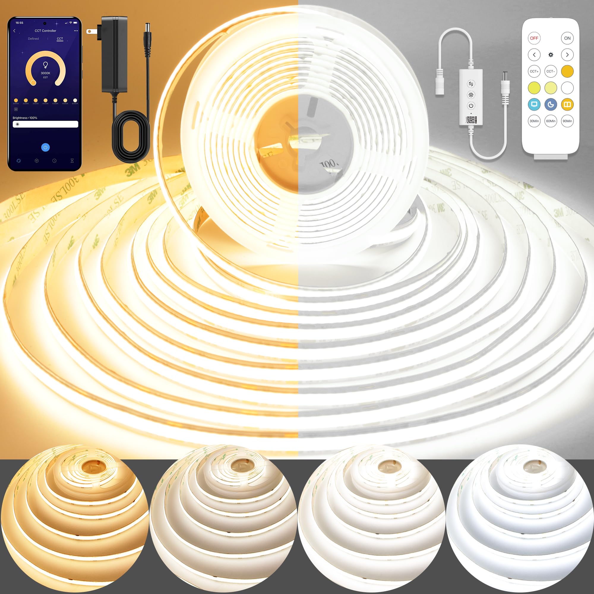 Pandery Cob Led Strip Light Cct Dimmable Strips Light 2700K-6500K 6.56Ft/2M 8Mm Wide Cri90+ 24V Led Strips Kit With Bluetooth App Control/Music Mode For Bedroom Kitchen Diy Lighting