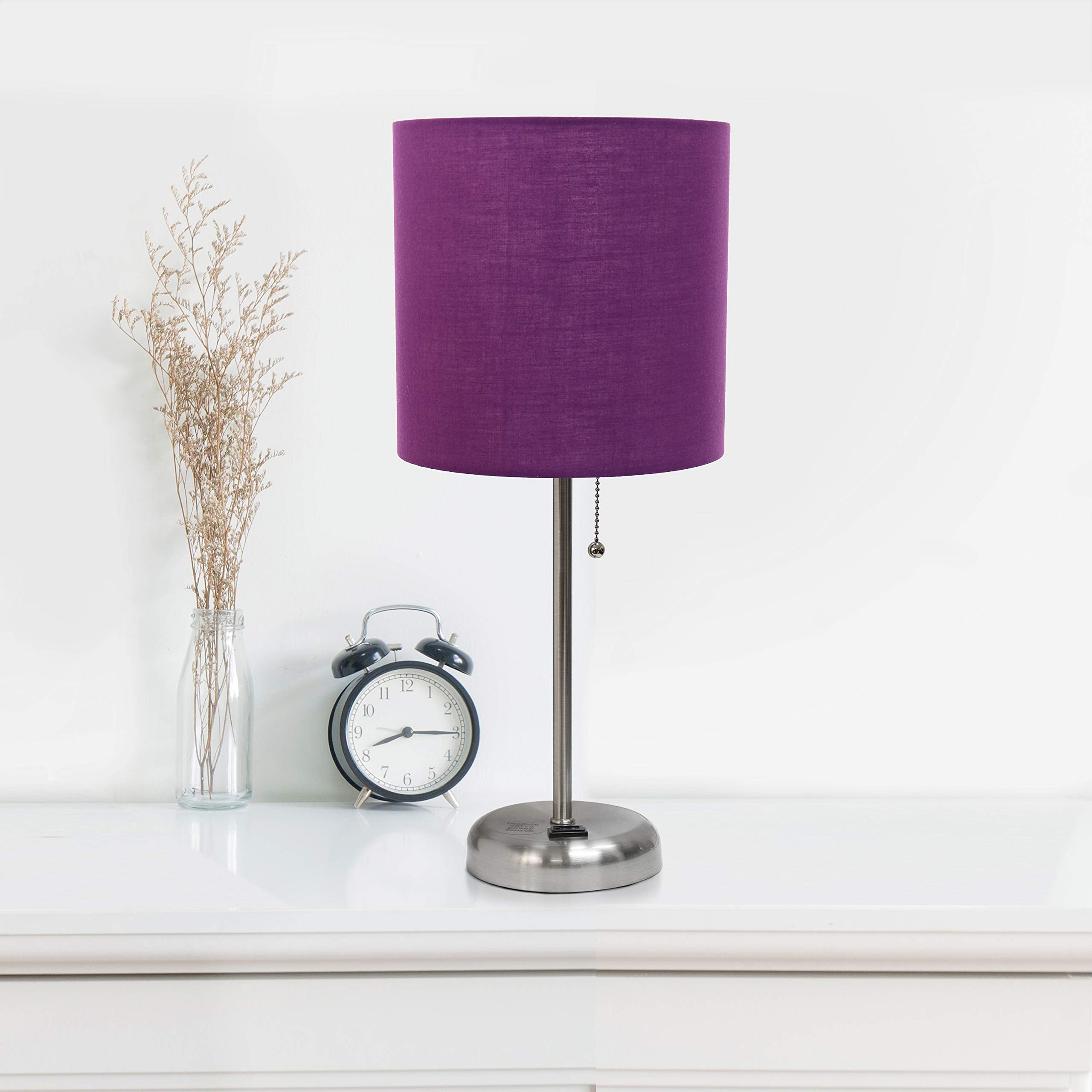 Simple Designs LC2001-PRP-2PK Brushed Steel Table Lamp Set with Purple Shades, 2 Pack