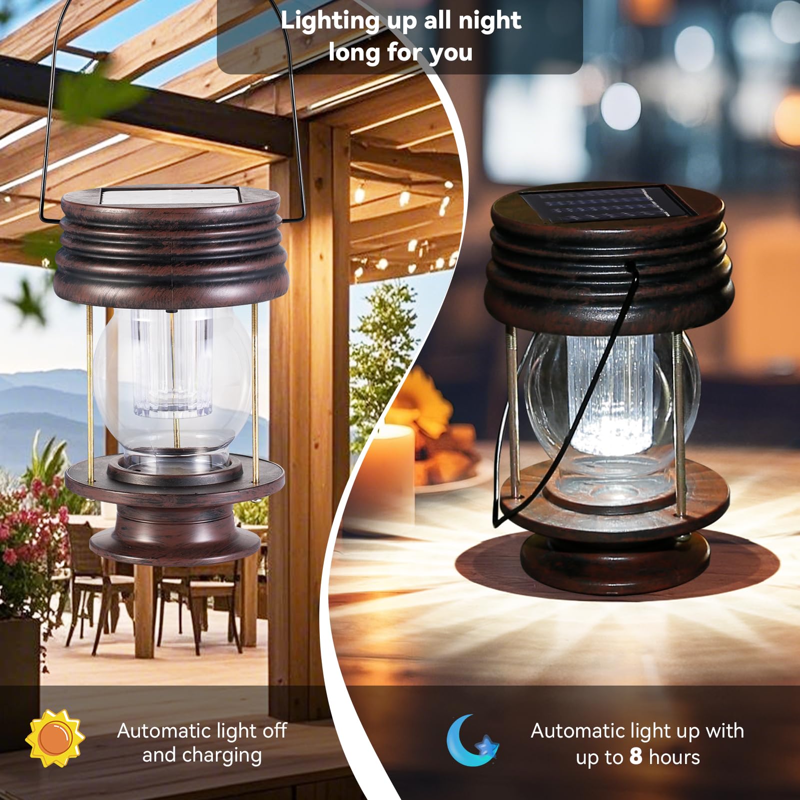Pearlstar Solar Lantern - Hanging Outdoor Lights - 2 Pack Waterproof LED - Vintage Design - Small - White Lights