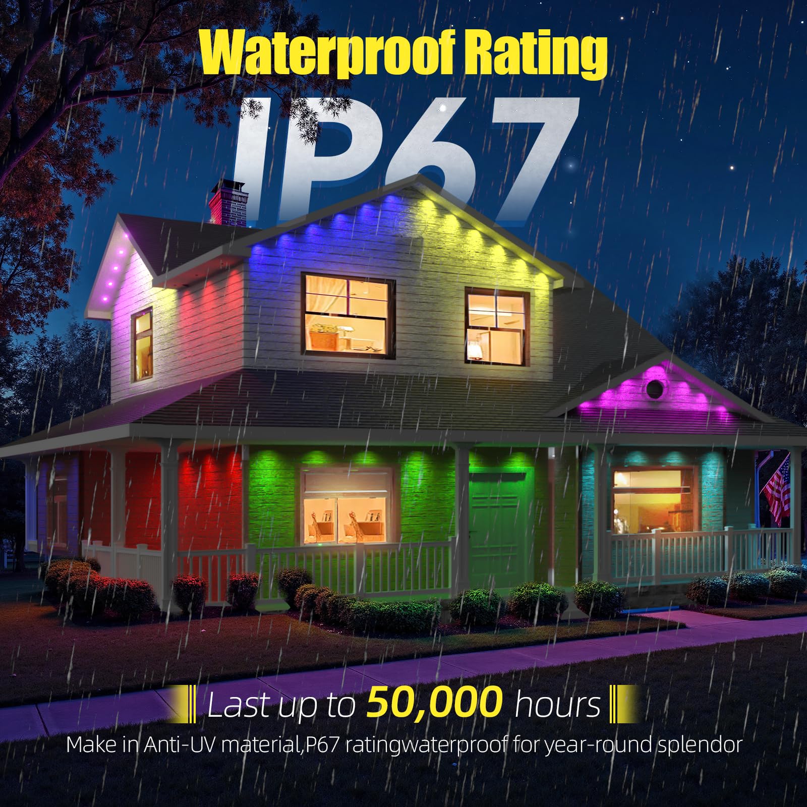 Yolsunes Permanent Outdoor Lights, 200ft RGB+IC, IP67 Waterproof Eaves Lights for Holiday Decor, Remote/App Control, White, Model HCP045