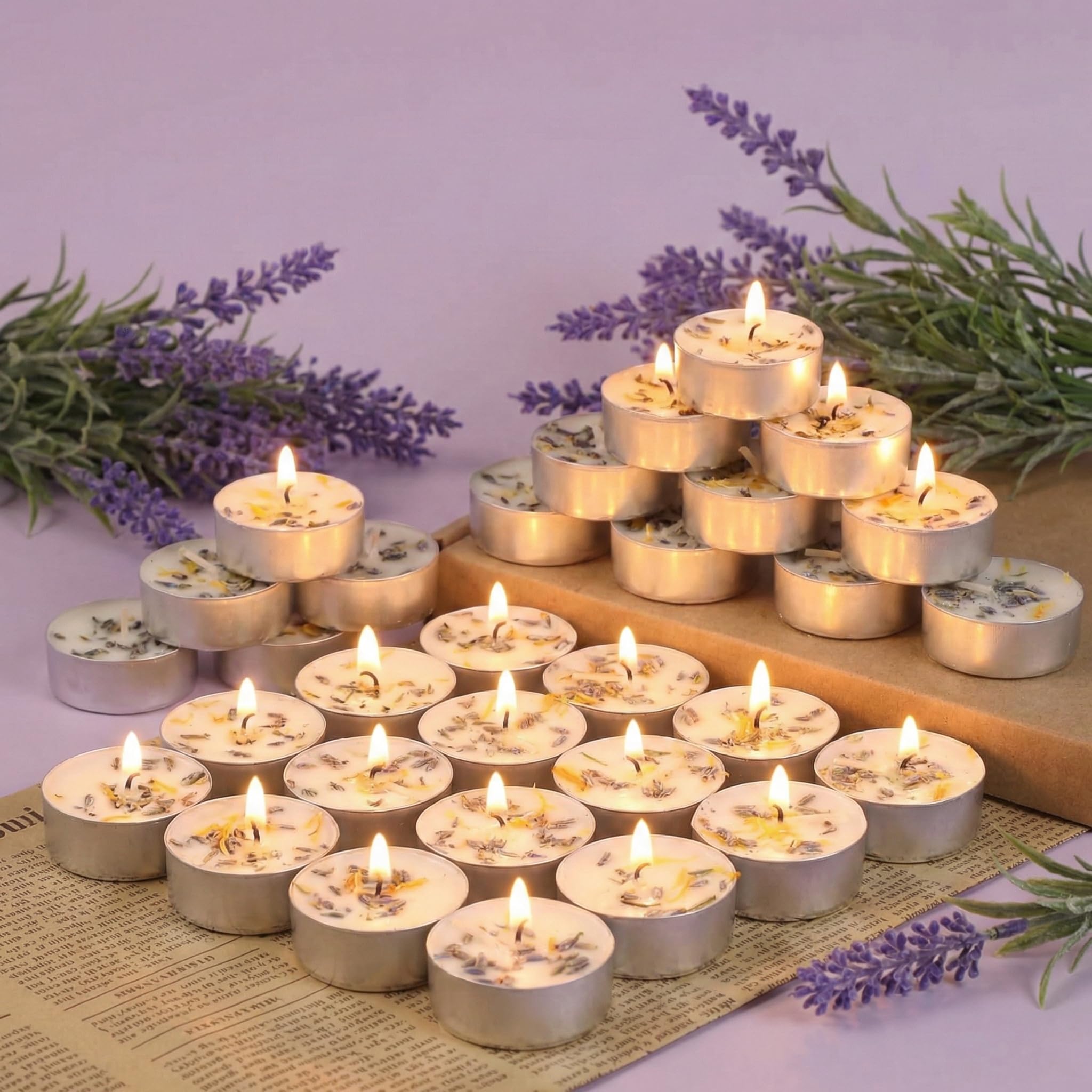 Lavender Scented Tealight Candles 64 Pack - 4-Hour Palm Wax White Tea Lights  Plant Dried Flower Scented Tea Candles (Paraffin-Free)  Votive Candle for Home/Yoga/Bath/Meditation