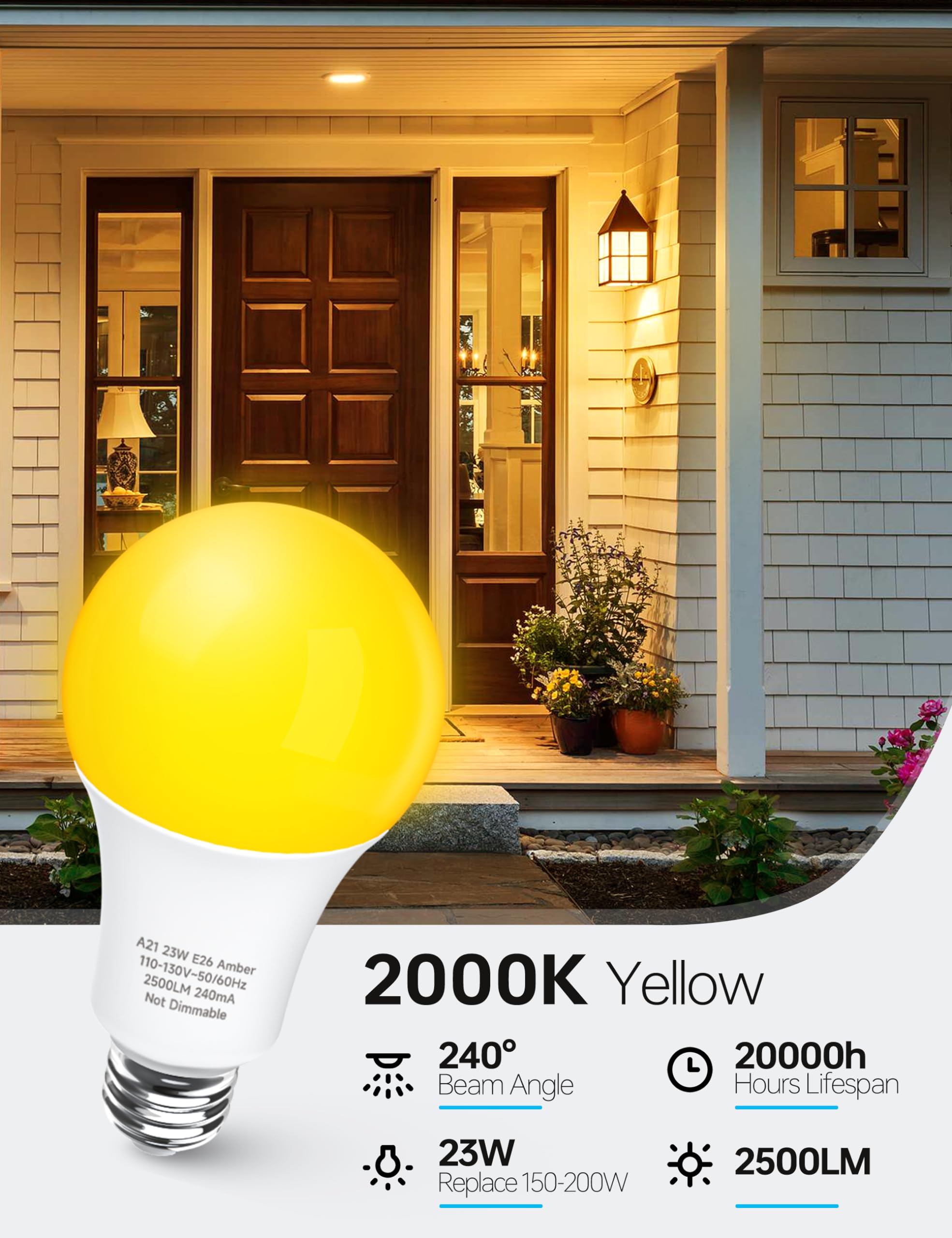 Kindeep Bug Light Bulb 23W, A21 Yellow Led 2000K, 150W-200W Equivalent, Amber For Outdoor Porch, Patio, Backyard, E26 Base, Non-