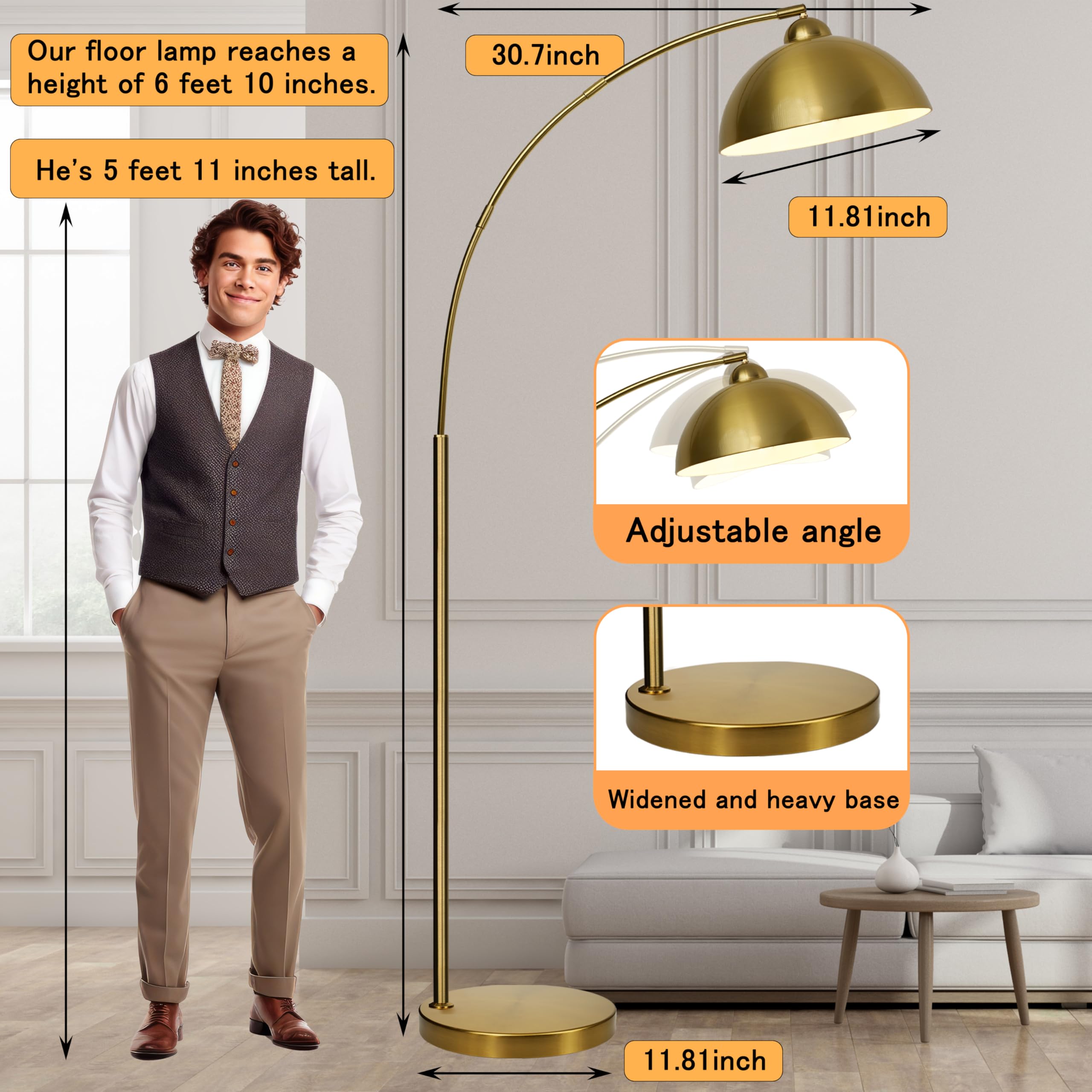 LANICHO Arc Floor Lamp - Modern 13" Gold Metal Reading Light with Remote Control & Dimmable 9W LED Bulb, Model FL0169.XX