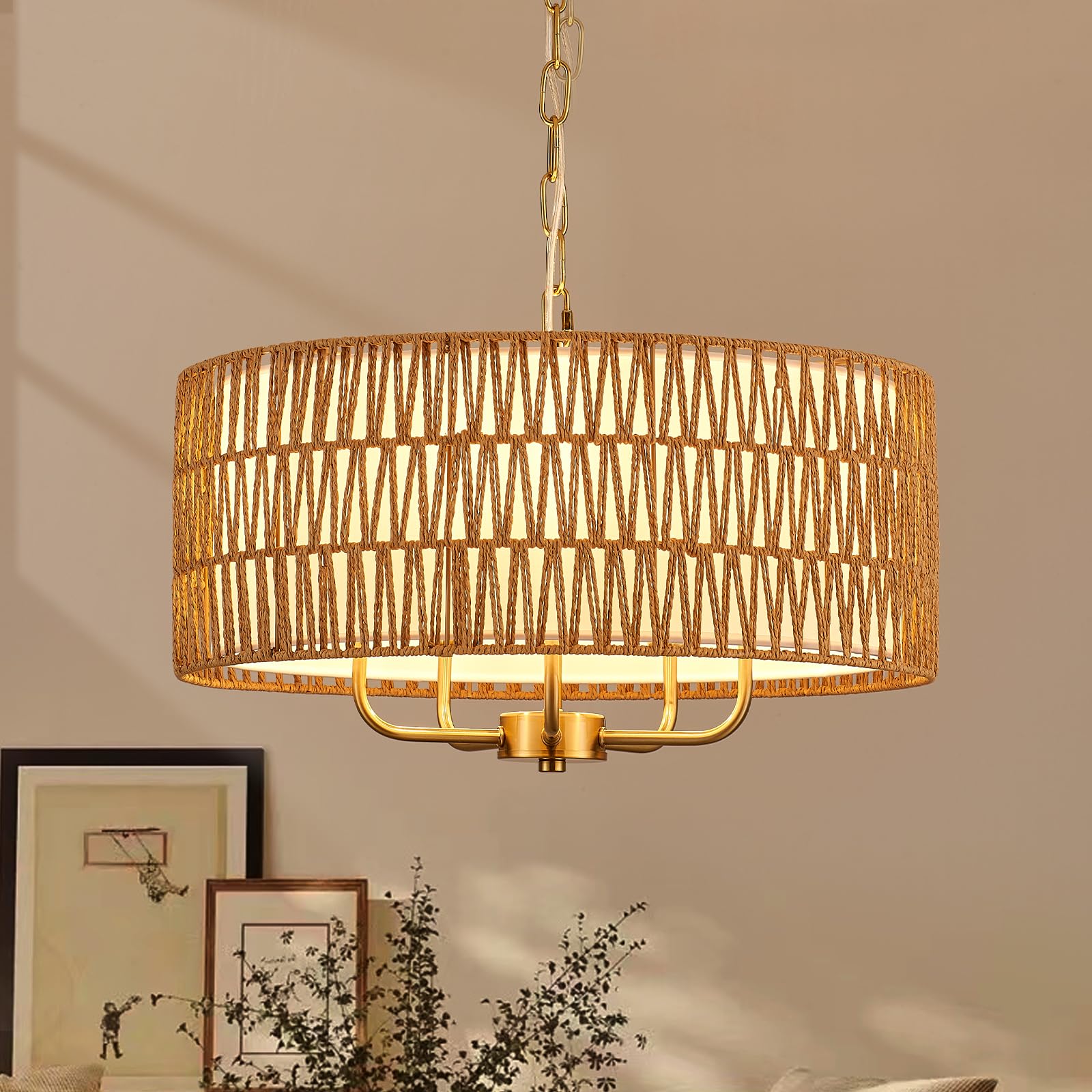 YOMECOO Boho Hand-Woven Rattan Chandelier with Linen Vintage Farmhouse Bamboo Gold Drum Chandelier Light Fixture Modern Wicker R