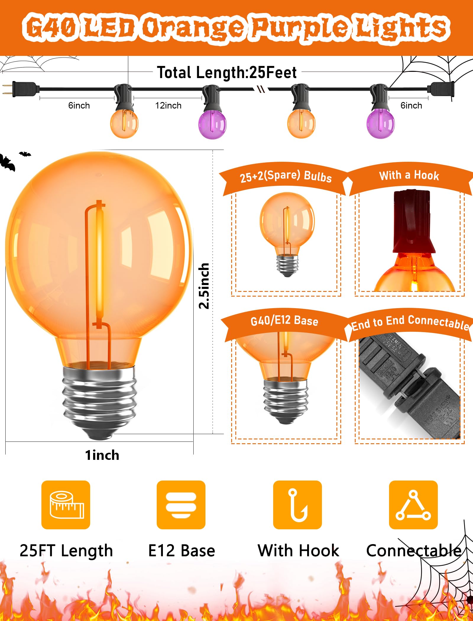 Xingzd 25FT Halloween String Lights, 25 G40 LED Bulbs, Shatterproof, Warm White, Clear Purple Orange