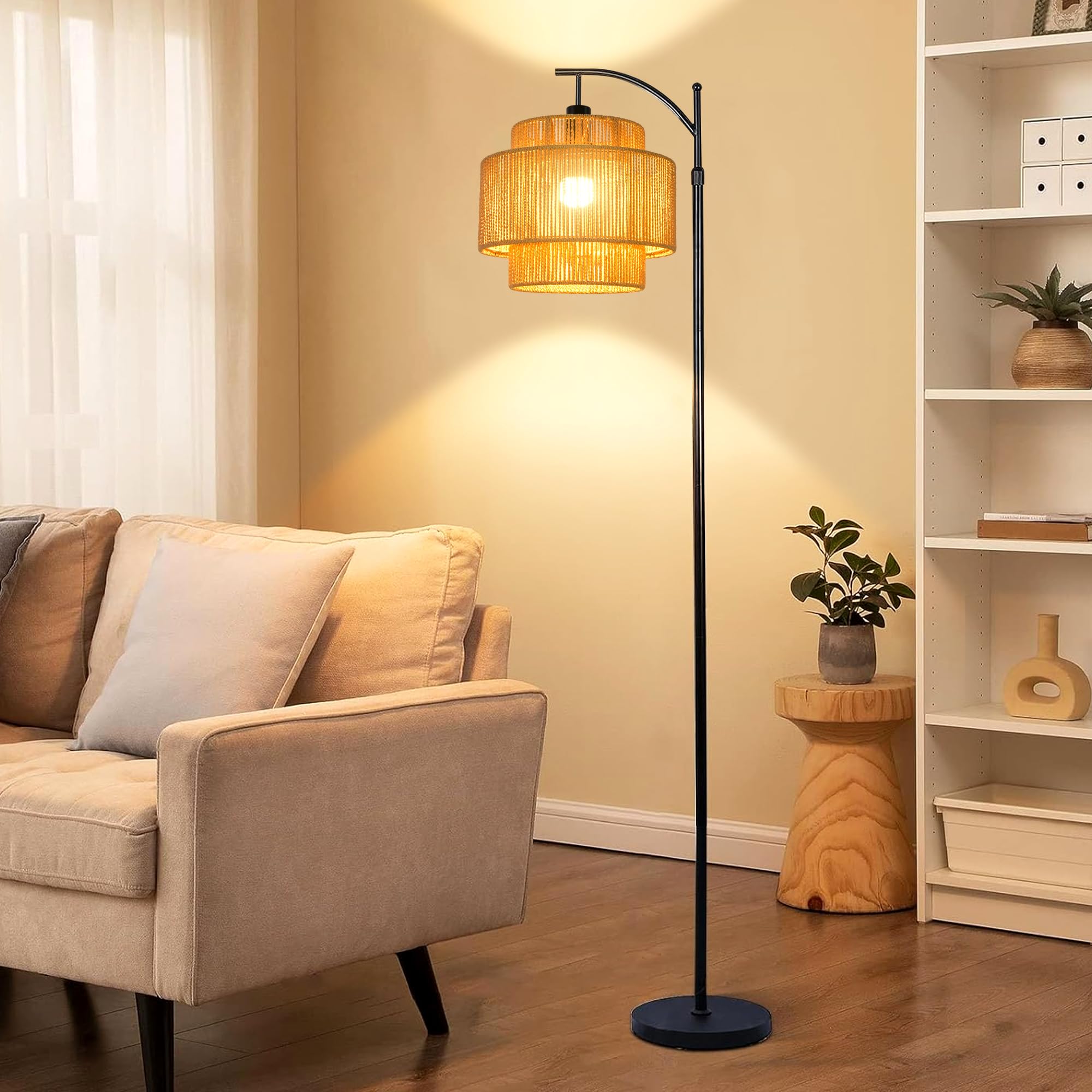 ILLMTW Rattan Floor Lamp - Boho Arc Standing Light, Dimmable, Black, Tall, Wicker Bamboo Shade