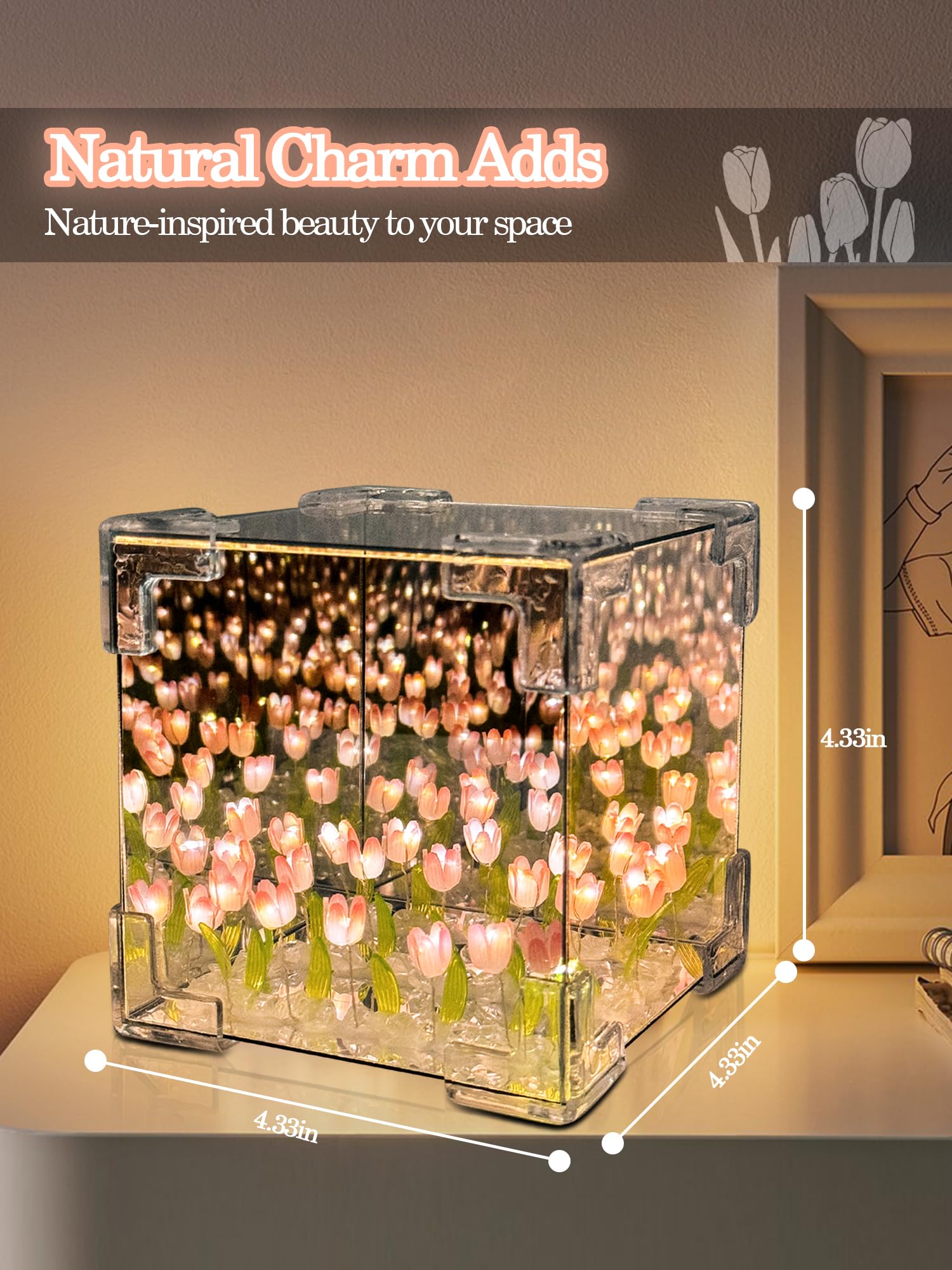 AQDZCNF DIY Tulips Cube Mirror Lamp - Pink Tulip Night Light, Handmade Decor for Bedroom & Living Room, Includes 13 LR44 Batteries